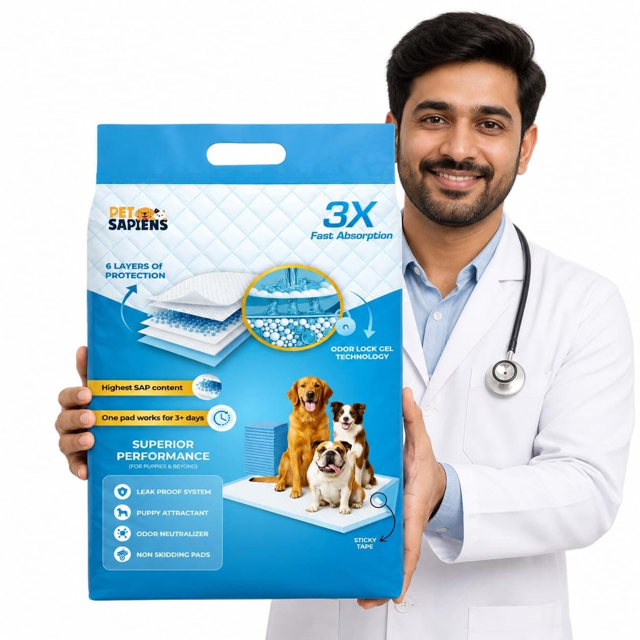 PETSAPIENS India Made XL Pet Training Pee Pads (50, 90X60 cm) Dogs | Adhesive Tape | High Amount Super Absorbent Material I 8 Layers(2 Hidden) | Built in Pet Attractant | Moisture Free Zipper Pack