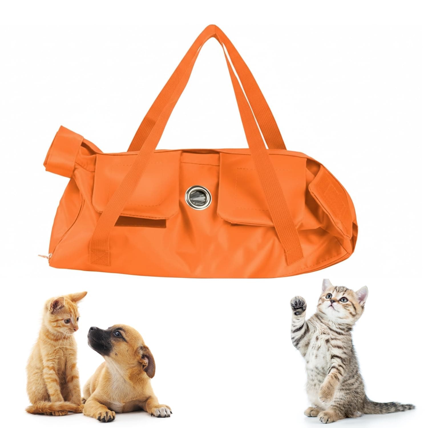 Medium Orange Pet Travel Carrier Bag | Soft Sided Cylindrical Duffel Style | Water Resistant Fabric | Ventilated Window | Dual Shoulder Straps | Zipper Closure | for Cats Puppies & Dogs