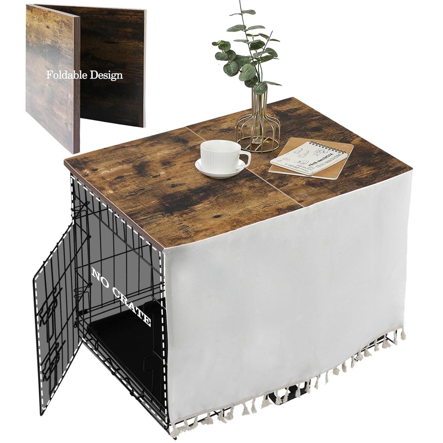 VIE DE AMAN Dog Crate Topper Wood for 24 30 36 42 48 inch Cages, Dog Crate Table Topper Foldable Dog Kennel Topper with Tassel Curtain, Rustic Style Dog Crate Top Rustic Brown(Dog Crate Not Include)