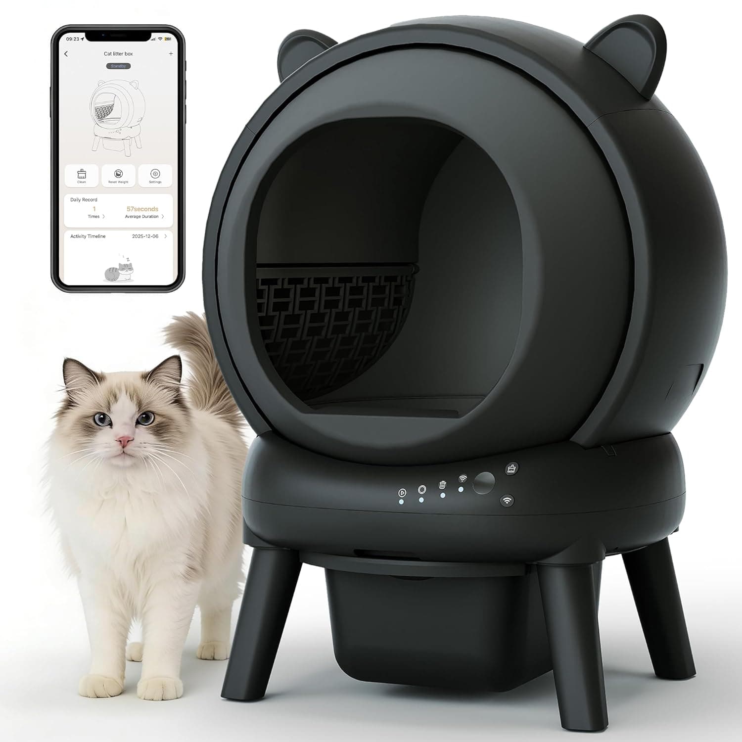 PUPETPO Self Cleaning Litter Box, Automatic Cat Litter Box for Multiple Cats, Auto Litter Box Robot with APP Control, Dual Safety Sensors, Odor Control&Low Noise, Cat Ears Design, Dark Grey