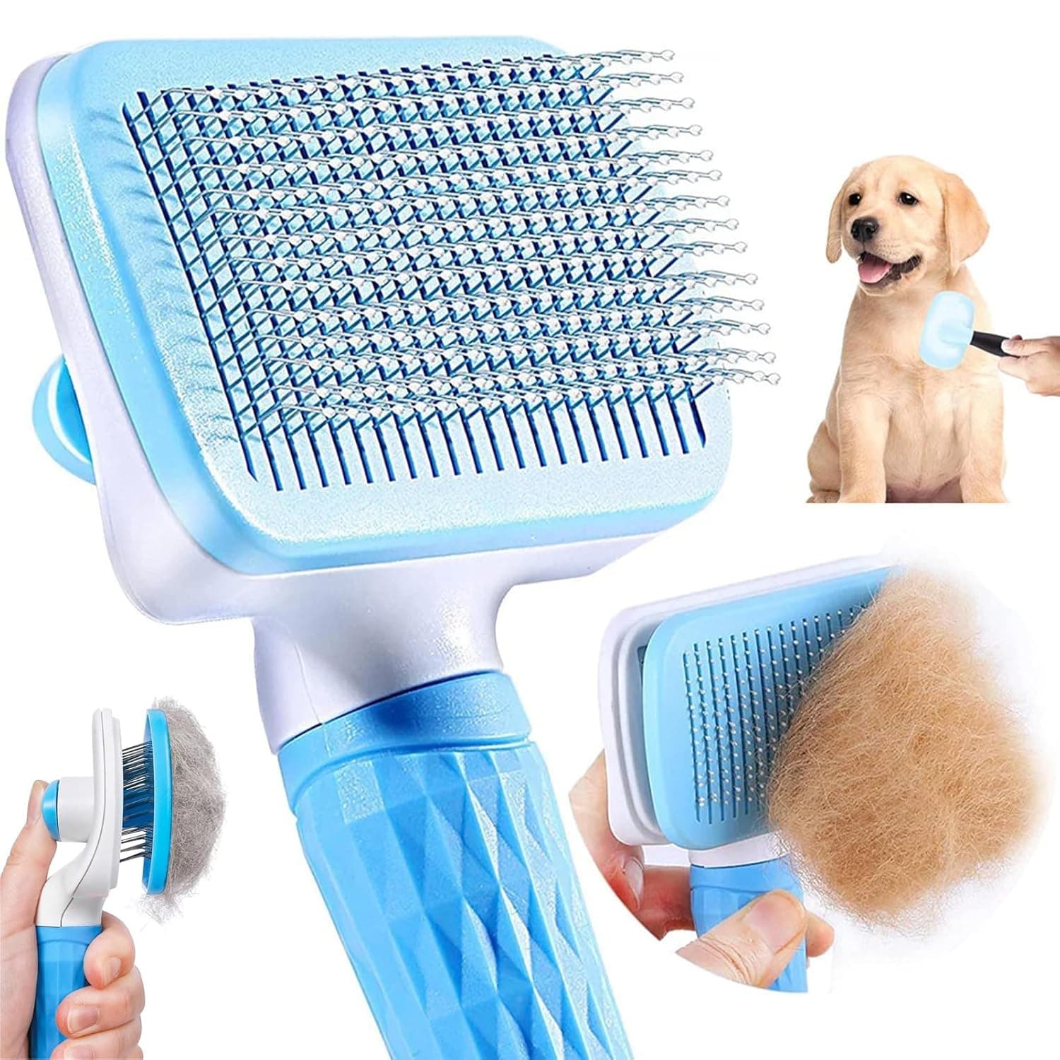 PANCA Self Cleaning Slicker Pet Grooming Brush | Dog & Cat Deshedding Comb for Loose Fur Removal, Undercoat Cleaning & Massage | One Click Hair Removal Brush for Puppies & Kittens (Blue)