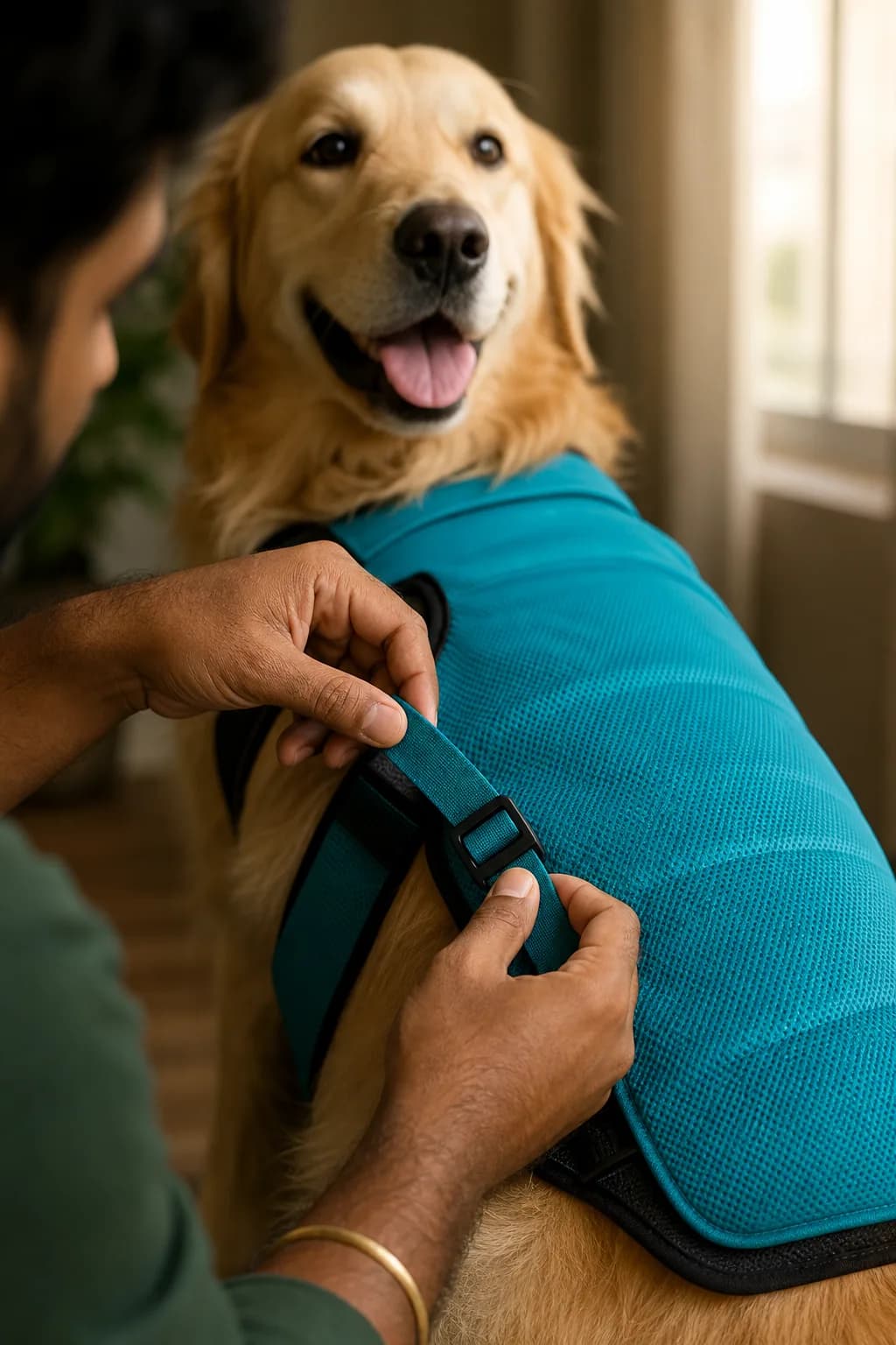 An Indian couple smiling at their golden retriever wearing a bright teal cooling vest, vest straps and fabric texture in sharp focus