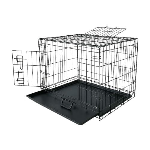 PETJOY Foldable Metal Cage | 24 Inch Dog Crate Kennel for Puppies, Medium Dogs, Cats & Rabbits | Double Door with Secure Lock, Removable Leak-Proof Tray | Portable & Easy to Clean Pet Cage (Black)