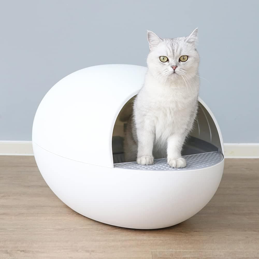 Emily Pets Automatic Self-Cleaning Cat Litter Box, Infrared Sensor, Low Noise, Enclosed Odor Control, No-Roller Safety Design | Suitable for All Cats | Modern Egg-Shaped Design (White)