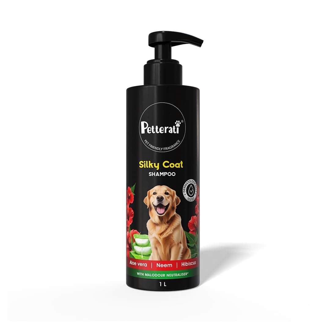Petterati Silky Coat Dog Shampoo | Aloe Vera, Neem & Hibiscus | Deep Cleansing for Soft, Shiny & Healthy Coat | 1 L