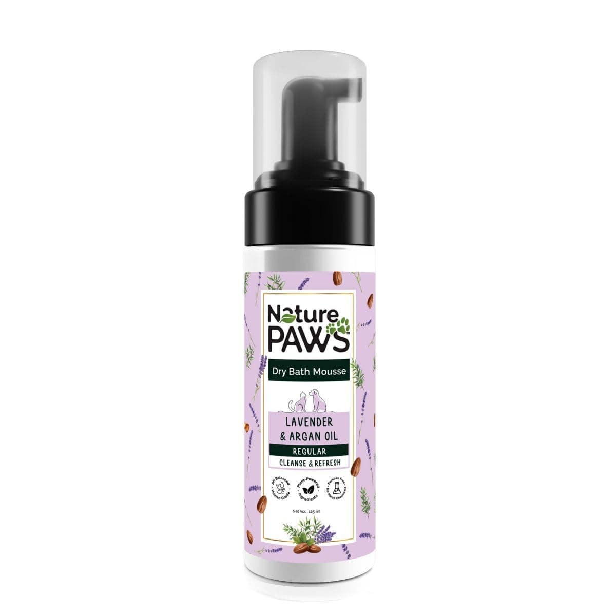 Dry Bath Mousse for Dogs & Cats | Waterless No-Rinse Pet Shampoo with Lavender, Argan Oil & Tea Tree | Anti-Odour & Nourishing Grooming Foam 125ml