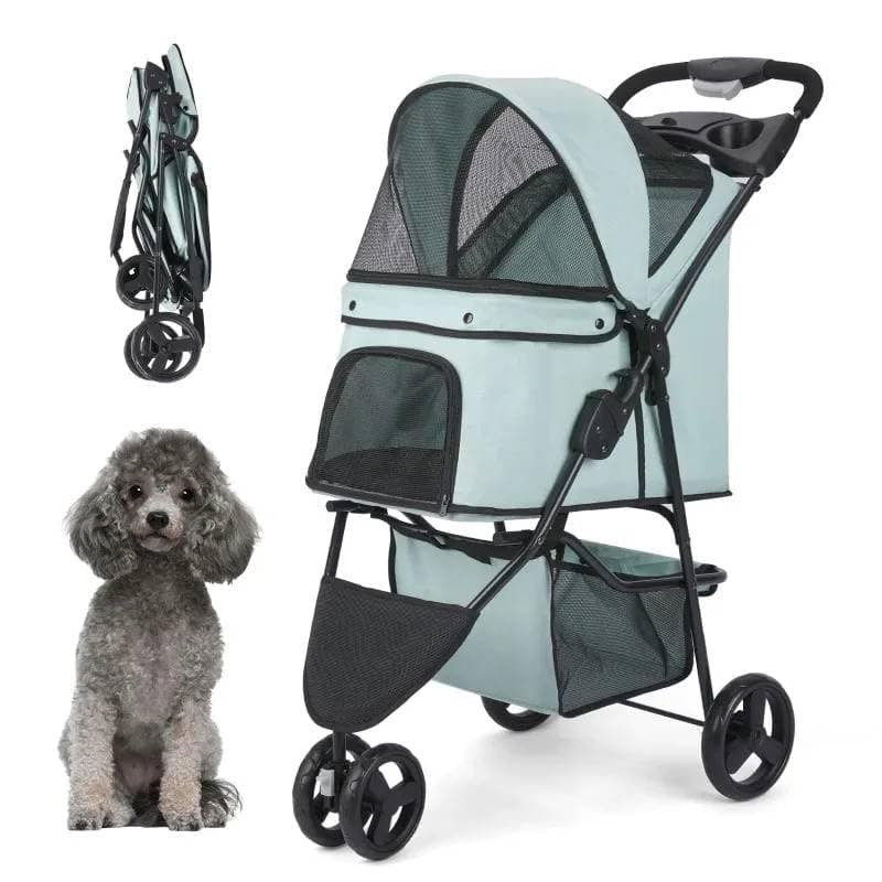 Mann Mart‚Foldable 3-Wheel Pet Stroller with Storage Basket & Cup Holder for Small & Medium Dogs and Cats ‚¨ Easy Maneuverability & Convenient Travel