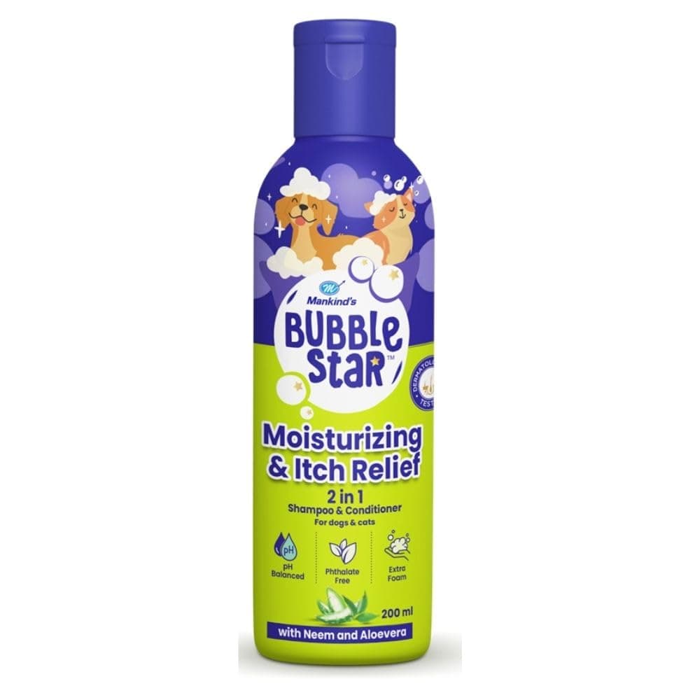 Mankind BubbleStar Neem & Aloe Vera Moisturizing & Itch Relief 2-in-1 Shampoo & Conditioner for Dogs & Cats | Waterless Dry Bath | Anti-Itch, Soothing Herbal Fresh Fragrance – 200 ml