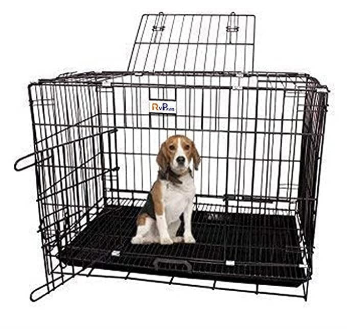 Pups&Pets Dog Cage - Powder Coated, Double Door Folding Metal Cage/Crate/Kennel with Removable Tray and Paw Protector for Dogs, Cats and Rabbits (Black-Silver, 24 Inch) Small