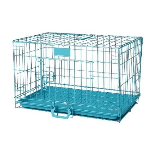 PETJOY Foldable Metal Dog Cage | 24 Inch Dog Crate Kennel for Puppies, Medium Dogs, Cats & Rabbits | Double Door with Secure Lock, Removable Leak-Proof Tray | Portable & Easy to Clean Pet Cage (Blue)