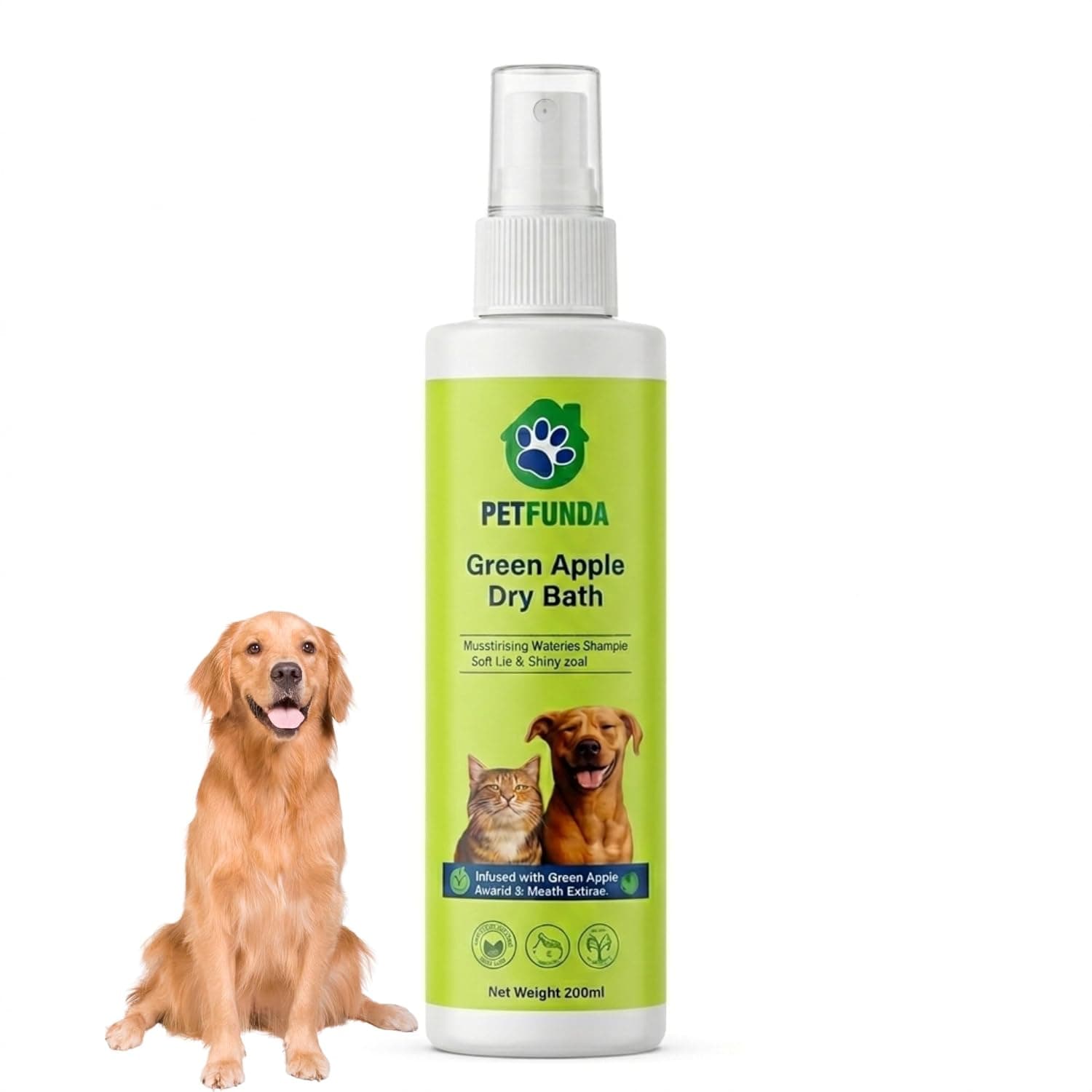 Dry Bath Shampoo for Dogs & Cats – Waterless No Rinse Spray with Green Apple, Aloe Vera & Lavender | Deodorizing, Paraben-Free, Lick-Safe Pet Grooming Spray | 200ml