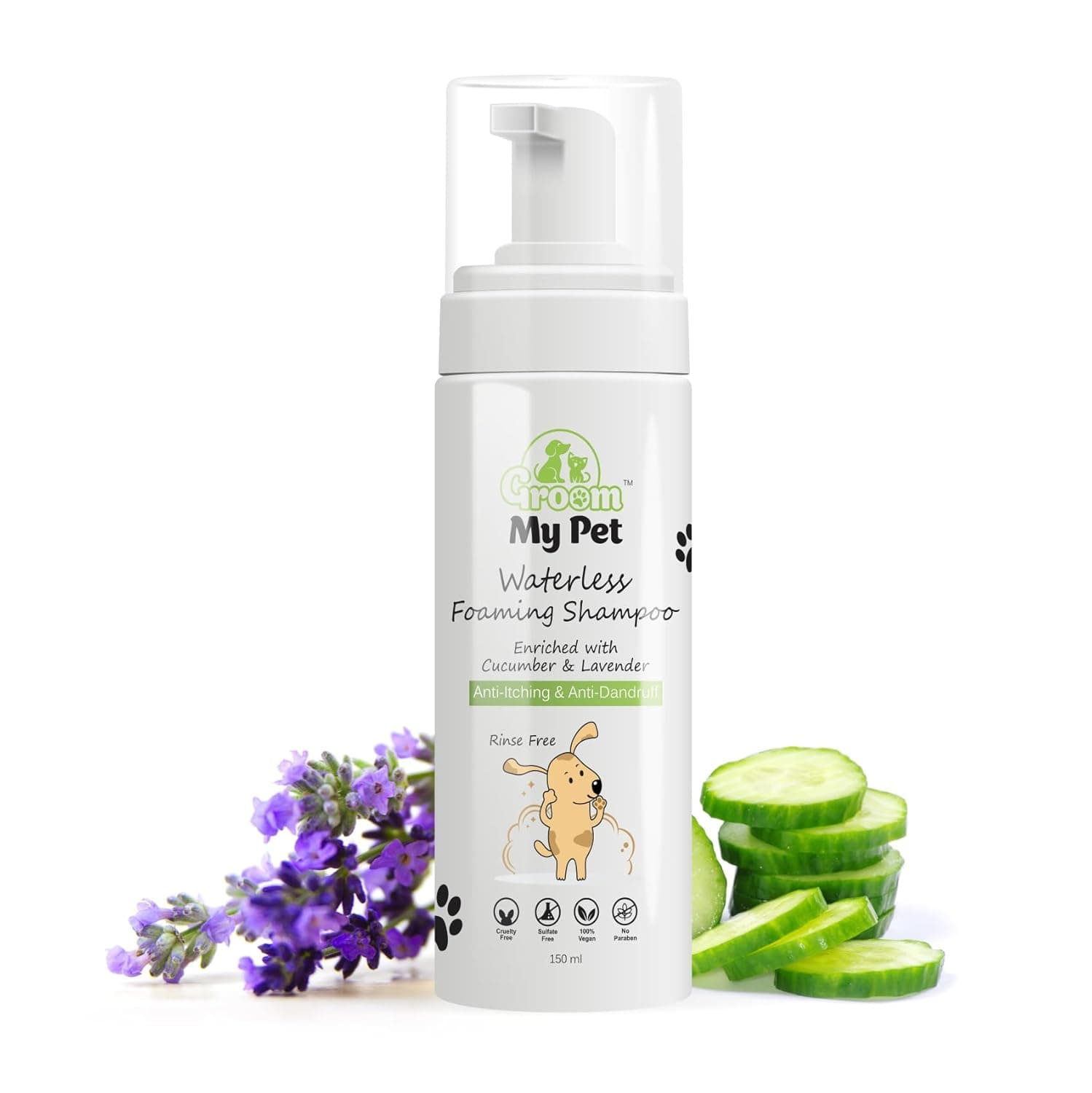 Waterless Foaming Shampoo-150ml | Relives from Itching, Anti-Dandruff & Skin Infection Irritation | for All Breeds & All Hair Coat Types | Enriched with Cucumber & Lavender