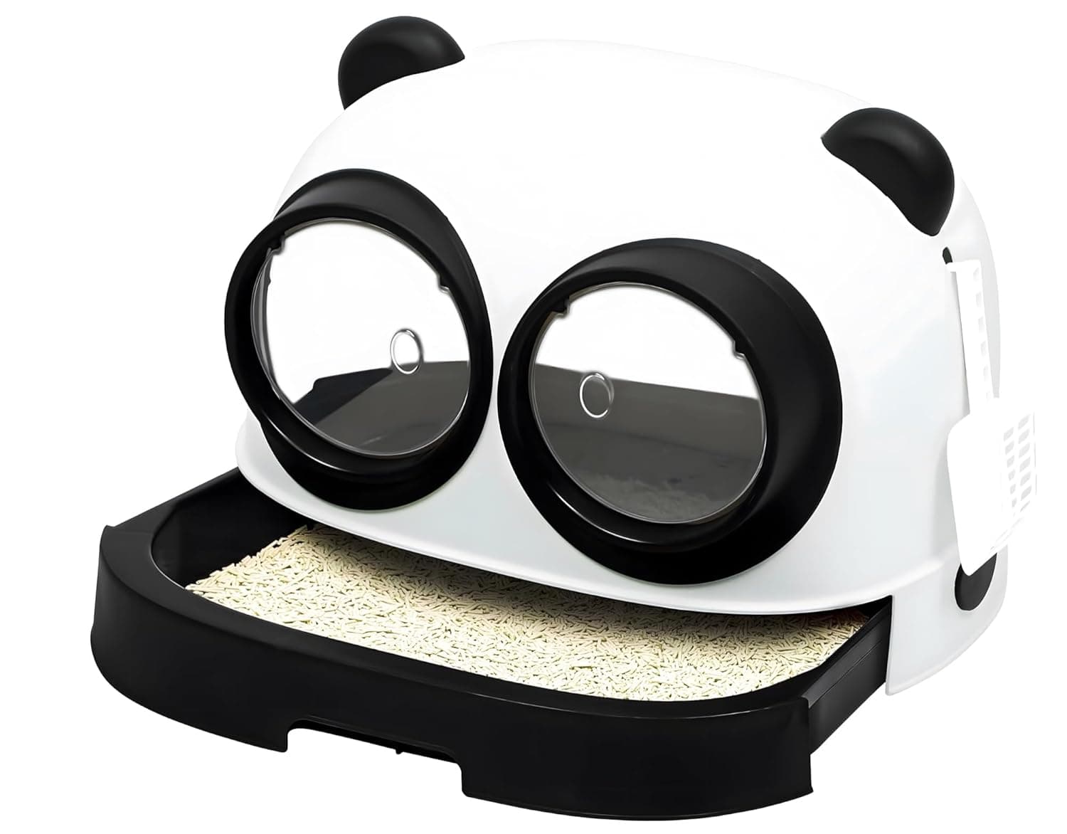 Oversized Cat Litter Box, Litter Box with Lid Large Dual Front Entry, Sliding Litter Drawer with Litter Scoop, Cat Toilet Easy Cleaning - 54 x 43.7 x 38.9 Cm Cute Panda Design Black And White