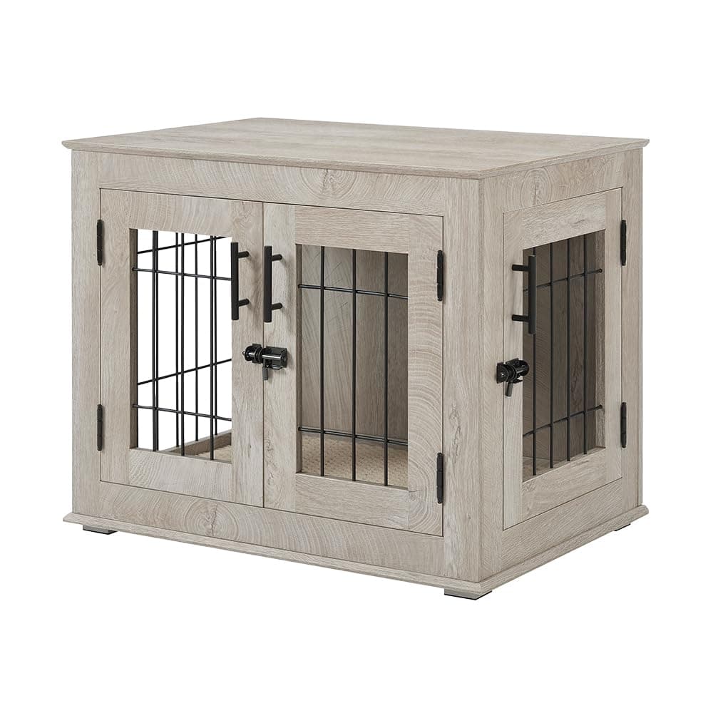 beeNbarks Furniture Style Dog Crate End Table, Double Doors Wooden Wire Dog Kennel with Pet Bed, Medium and Large Pet Crate, Decorative Dog House Cage Indoor Use (Small, Weathered Gray)
