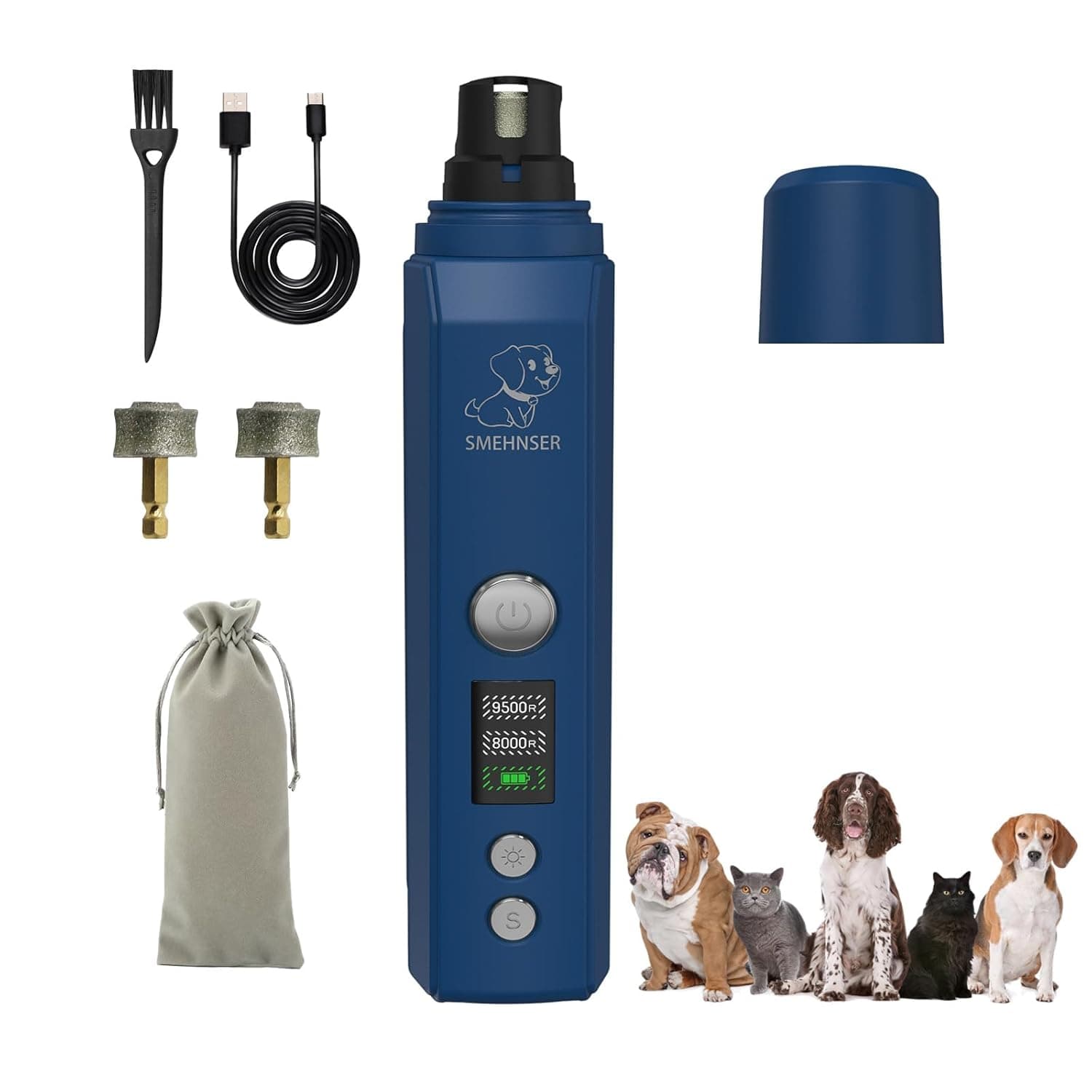 Electric Dog Nail Grinder with 2-Speed Adjustment, USB-C Rechargeable Pet Nail Trimmer for Small, Medium, Large Dogs and Cats, Low Noise and Vibration, LED Lights, LCD Speed Display