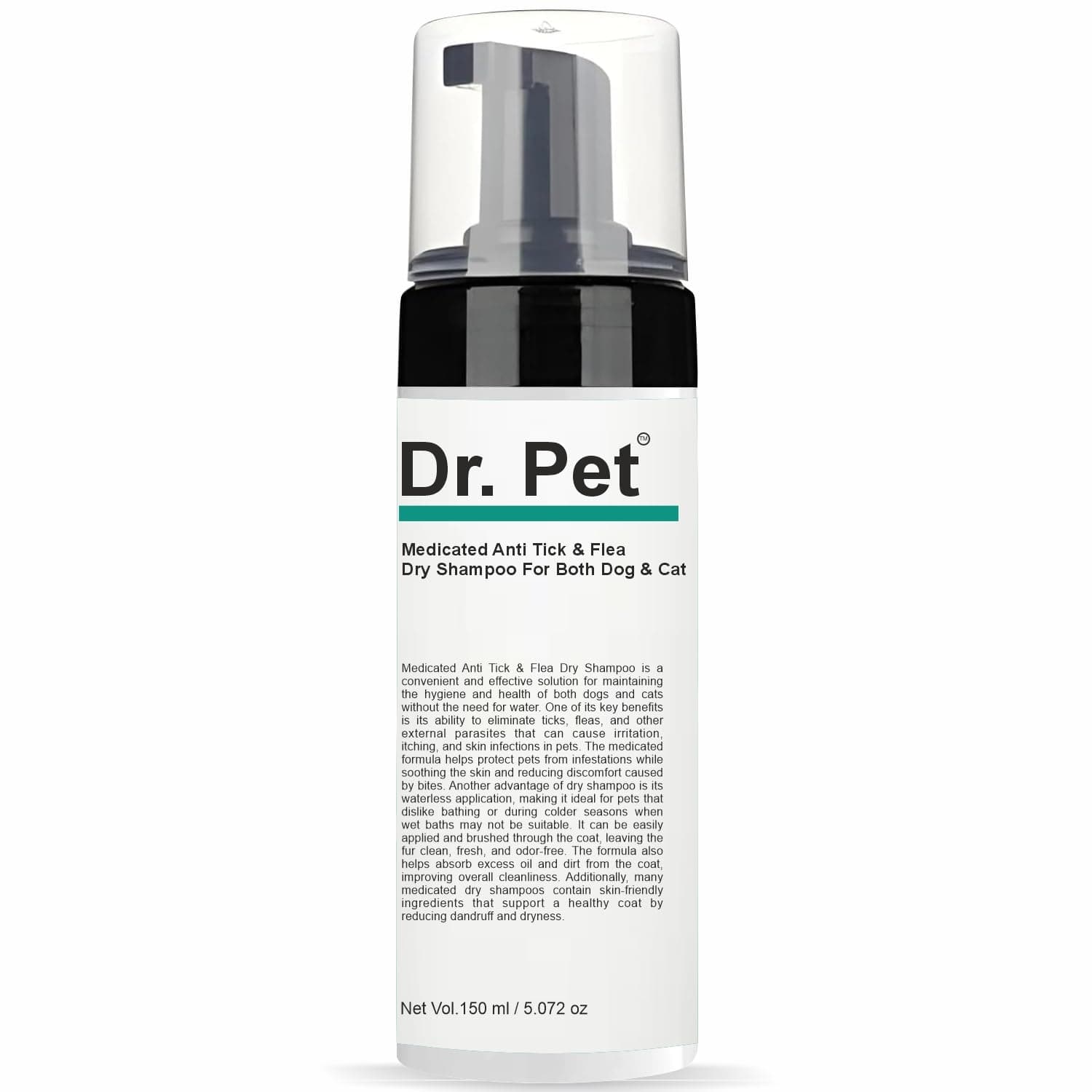 Dr. Pet Medicated Anti Tick & Flea Waterless Dry Shampoo Foam for Both Dogs & Cats | Travel Friendly, Quick Cleaning & No Rinse | Itch Relief, Flea Treatment, Tick Control & Coat Nourishment | 150 ml