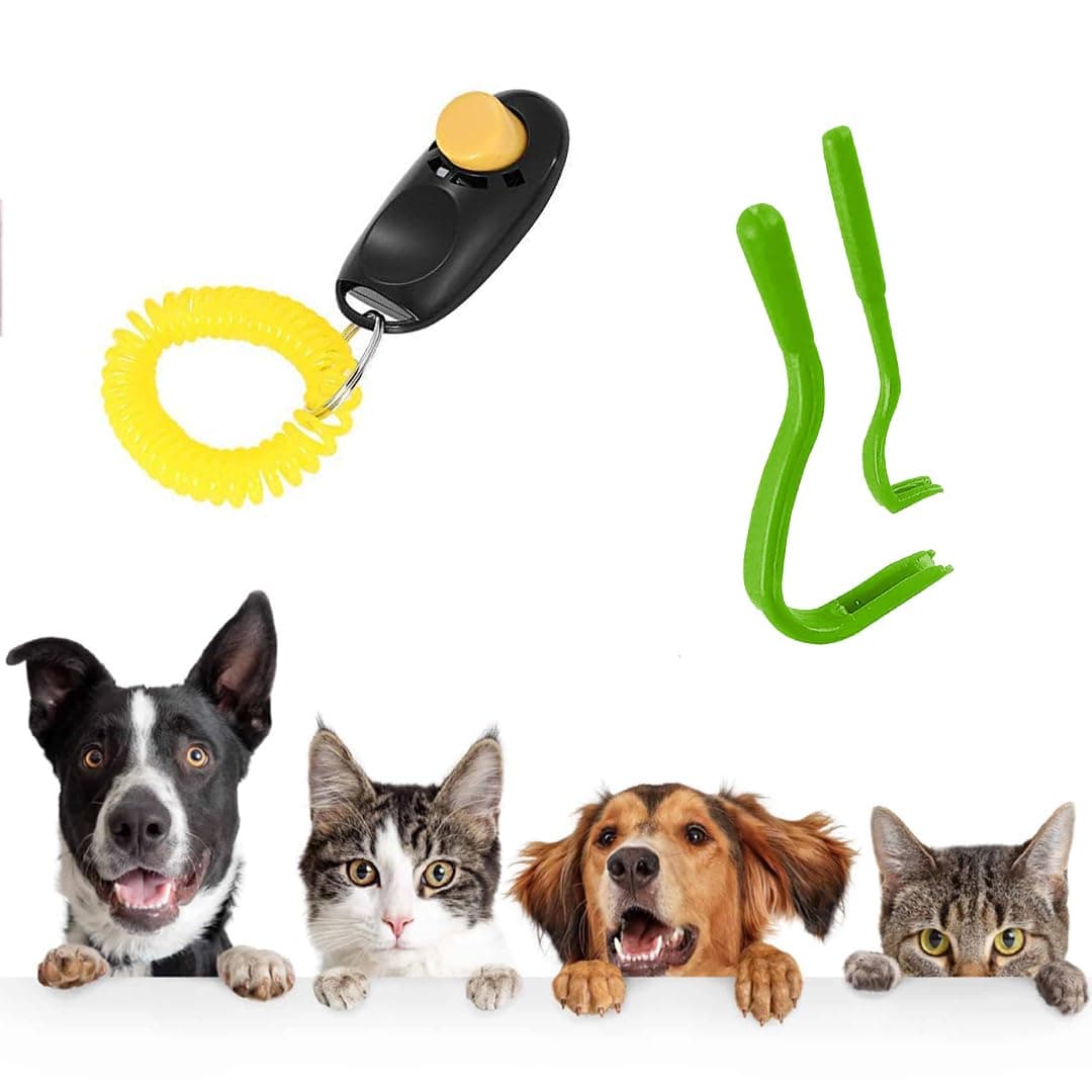 Sage Square Tick Hook - Effective Tick, Lice, Flea & Mite Remover Tweezer, Easy-to-Use Hook Twist Tool - 2Pcs/Set + Pet Training Clicker with Wrist Strap & Strap Hook for Dog/Cat/Birds (Random Color)