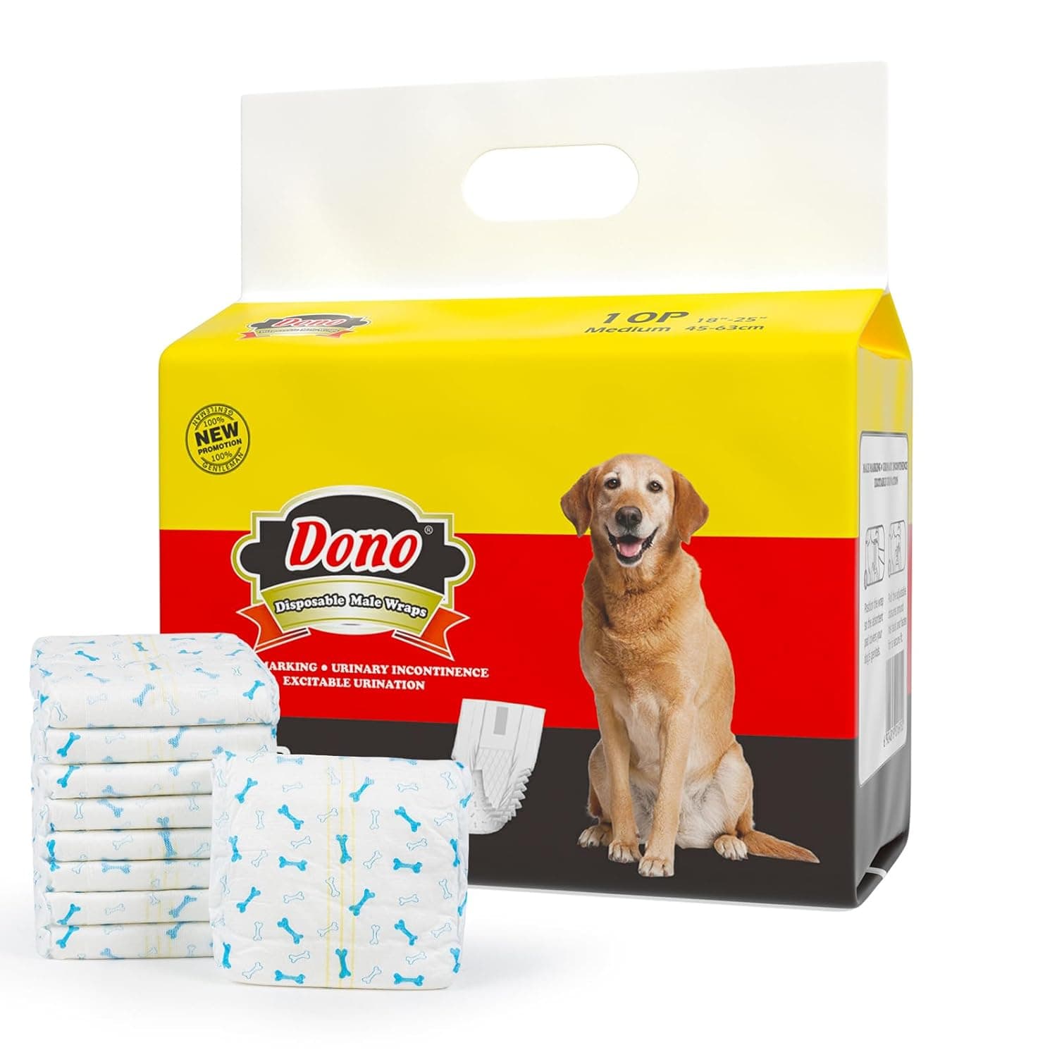 Dono Disposable Dog Diapers Male Dog Wraps Super Absorbent Soft Diapers for Male Dogs,with Wetness Indicator,10pcs,M (18"-25")