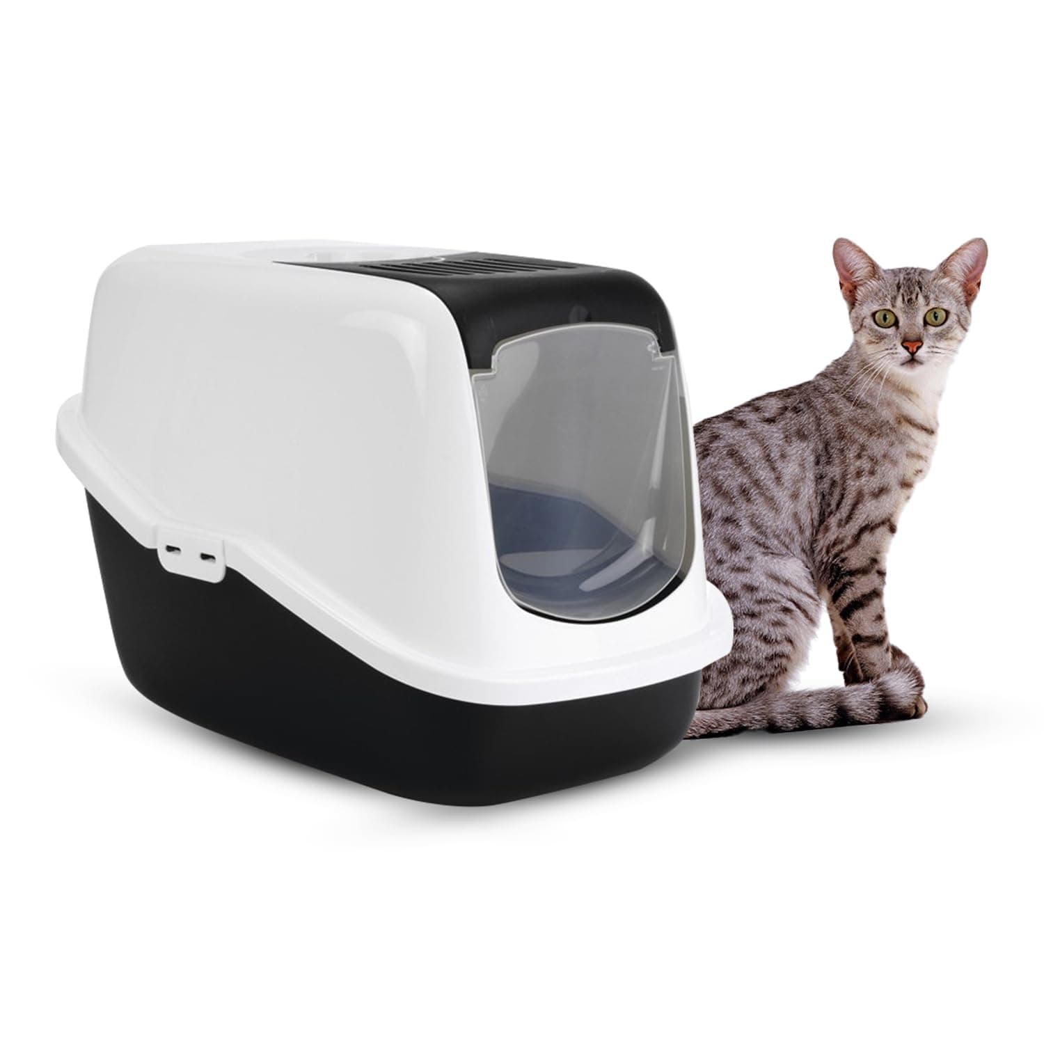 Savic Nestor Enclosed Cat Toilet Home | Durable & Lightweight Hooded Litter Box | Reduces Odor, Prevents Litter Scattering, Easy to Clean – 56x38x38 cm, Black & White