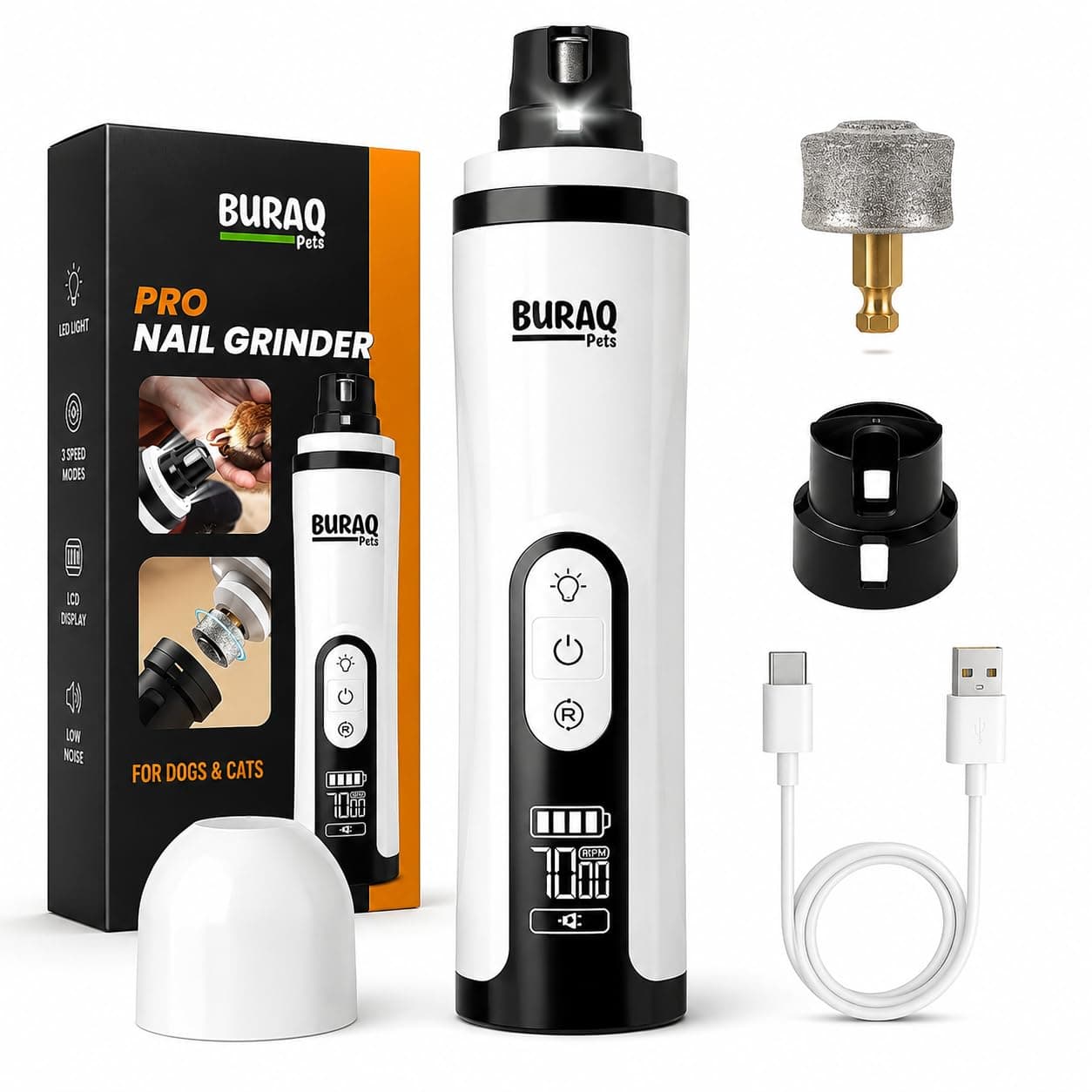 Buraq Dog Nail Grinder | Upgraded Version Smart LCD Display - 2 LED Lights - 3 Speed Modes - Cordless USB Pet Nail Grinder | Nail Trimmer for Dogs & Cats