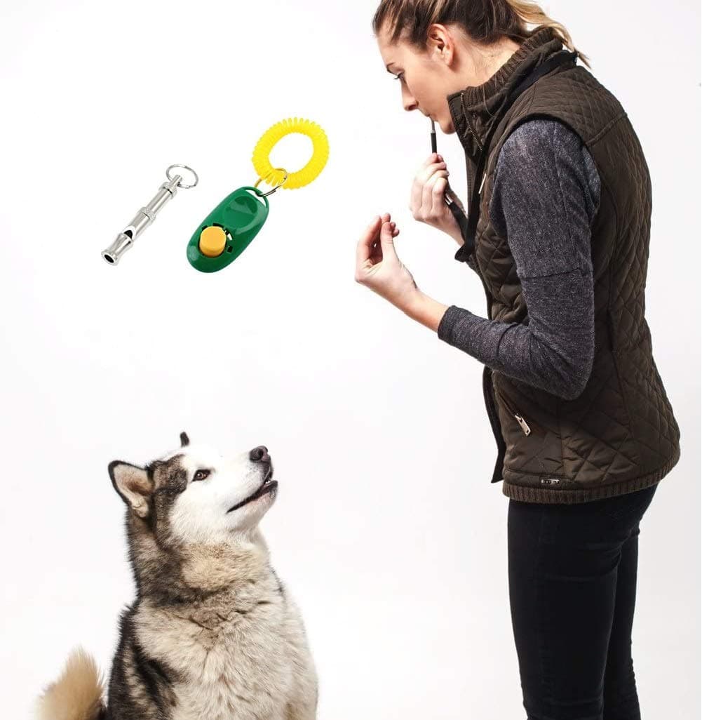 Dog Whistle and Clicker Training Combo to Stop Barking, Dog Training Clicker Kit Set with Wrist Strap and Ultrasonic Dog Whistle with Lanyard Pack of 1