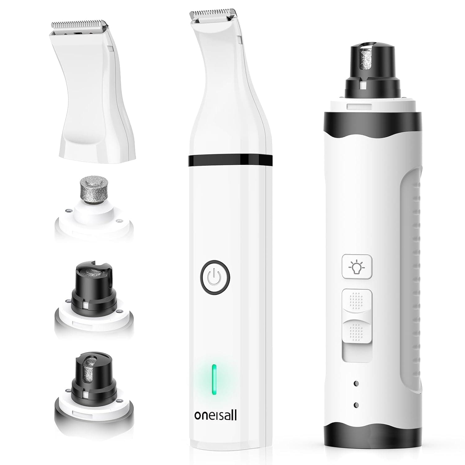 oneisall Dog Nail Grinder and Paw Trimmer Kit 2 in 1 Low Noise Rechargeable Electric Pet Nail Grinder with 2 LED Lights and Cordless Dog Grooming Clippers with Double Blades
