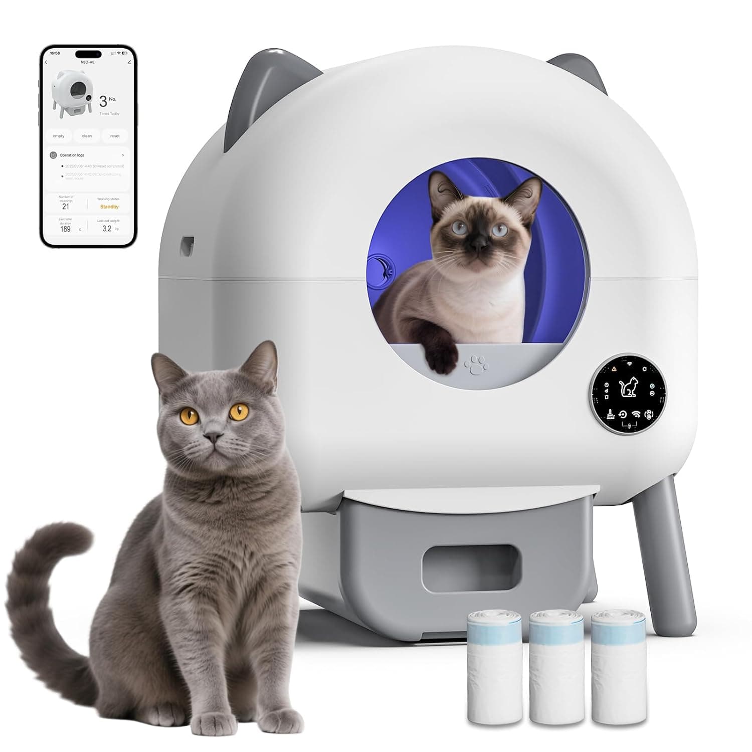 HIMIX Automatic Cat Litter Box, Self-Cleaning Cat Litter Box Robot with APP Control and Odor Removal for Multiple Cats, 85L + 20L Large Smart Litter Boxes with 60 Trash Bags