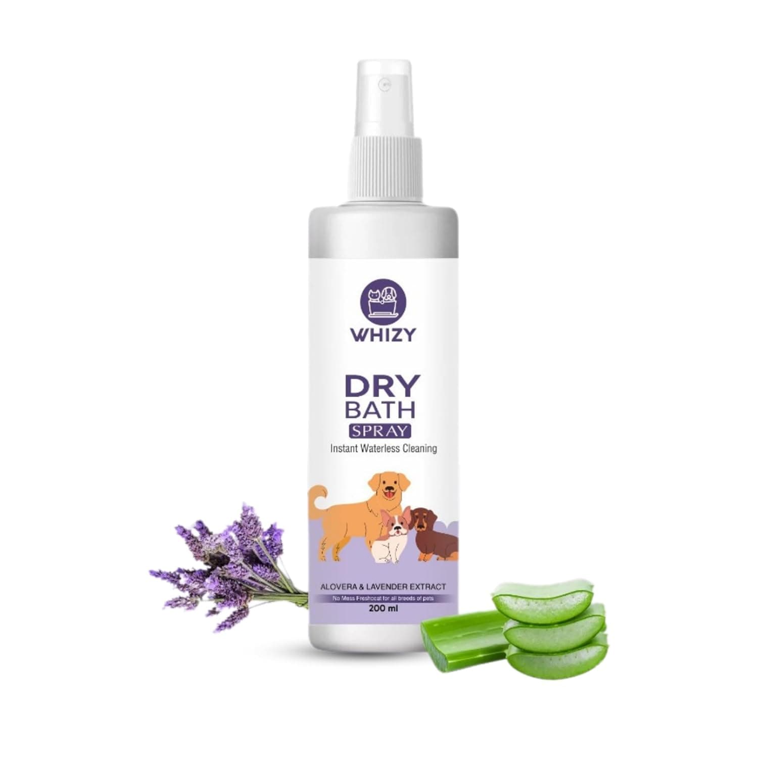 Whizy Dry Bath for Dogs & Cats, waterless Shampoo (200 ml) with Lavender Oil, No Rinse, Anti Bacterial Itch-Relief Formula, No soap