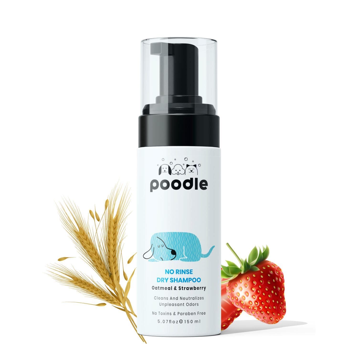 Poodle No Rinse Dry Shampoo for Dogs | Oatmeal & Strawberry | Waterless Pet Shampoo Foam | Cleans & Neutralizes Odor, Soothes Skin, Paraben-Free – 150ml