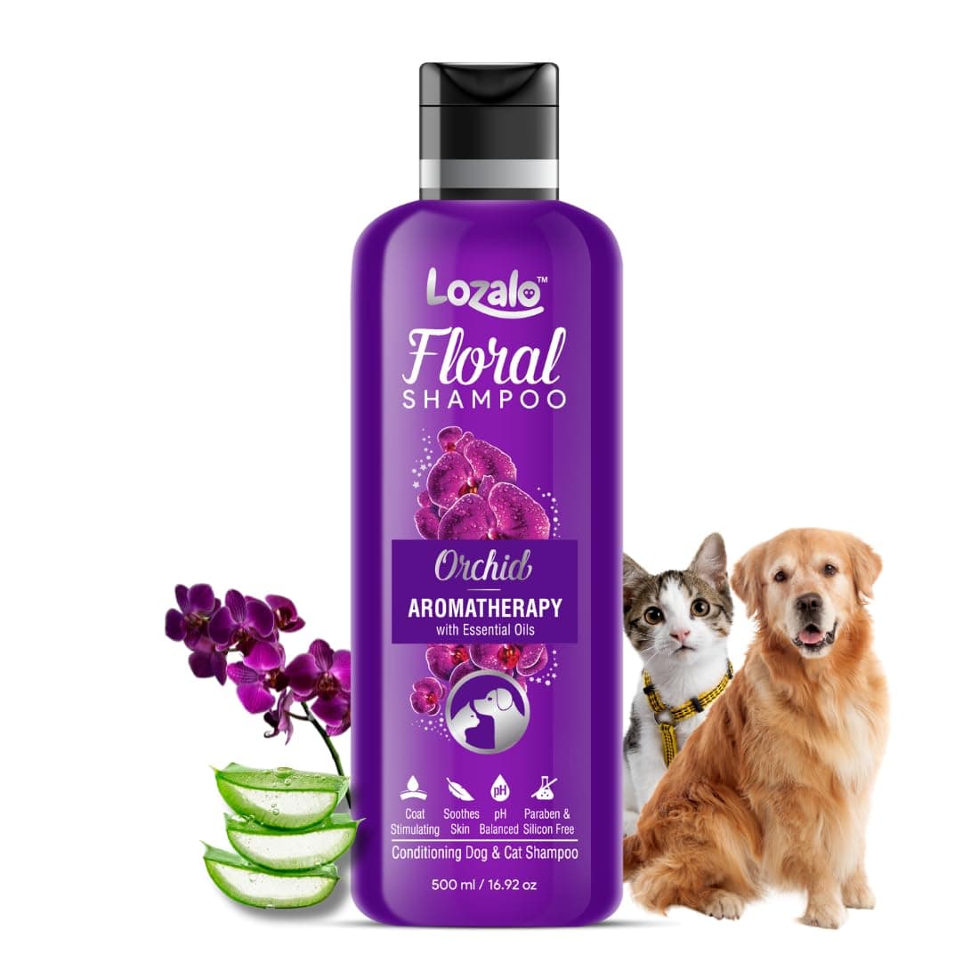 Lozalo Floral Aromatherapy Pet Conditioning Shampoo - 500ml, Orchid Fragrance, Coat Cleansing, Odour Control Shampoo for Dogs & Cats, with Aloe Vera Extract and Chamomile Oil