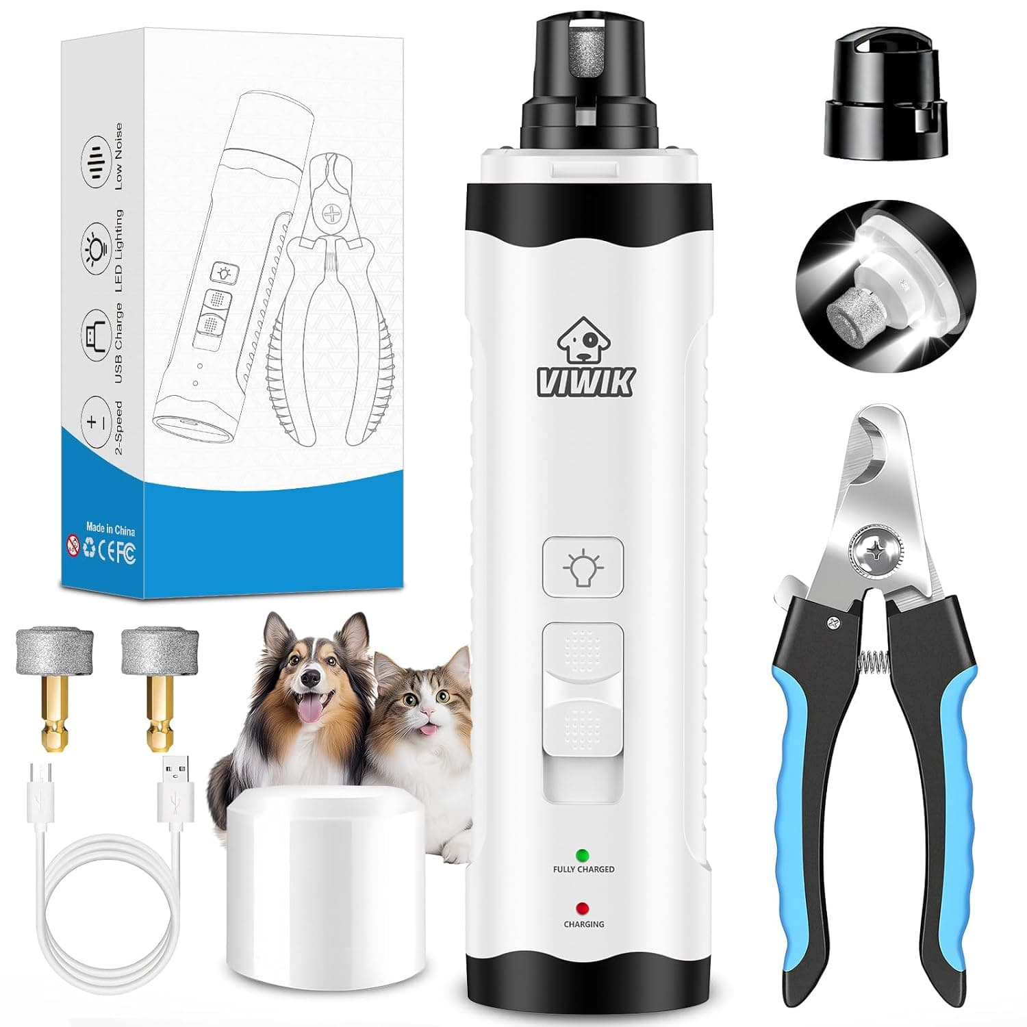 VIWIK Dog Nail Grinder with Dog Nail Trimmers, Dog Nail Clippers Kit for Large Medium Small Dogs & Cats, Quiet Electric 2-Speed USB Rechargeable Pet Nail Grinder with Light, Gifts for Dog Lovers