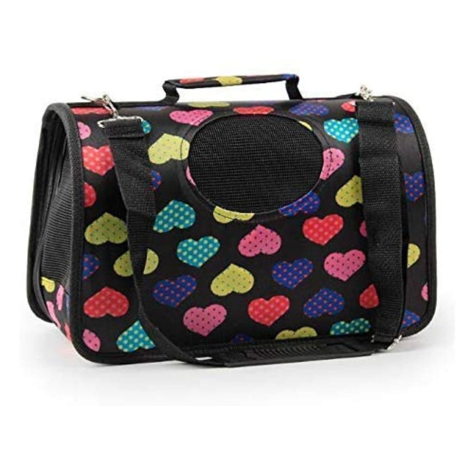 Breathable Pet Carrier Bag for Cats & Small Dogs with Mesh Windows & Adjustable Shoulder Strap | Foldable Heart Print Travel Bag for Kittens, Puppie & Rabbits
