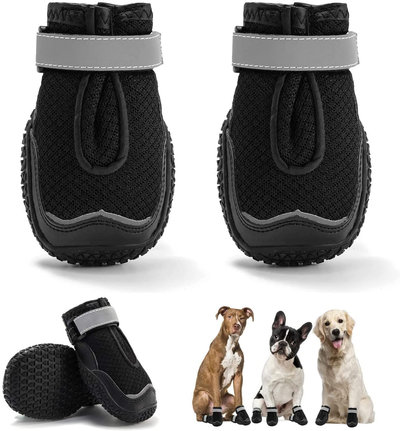 KUTKUT Breathable Dog Shoes, Booties With Reflective Rugged Anti-Slip Sole and Skid-Proof, Outdoor Paw Protectors With Rubber Soles for Hiking and Running - 4Pcs