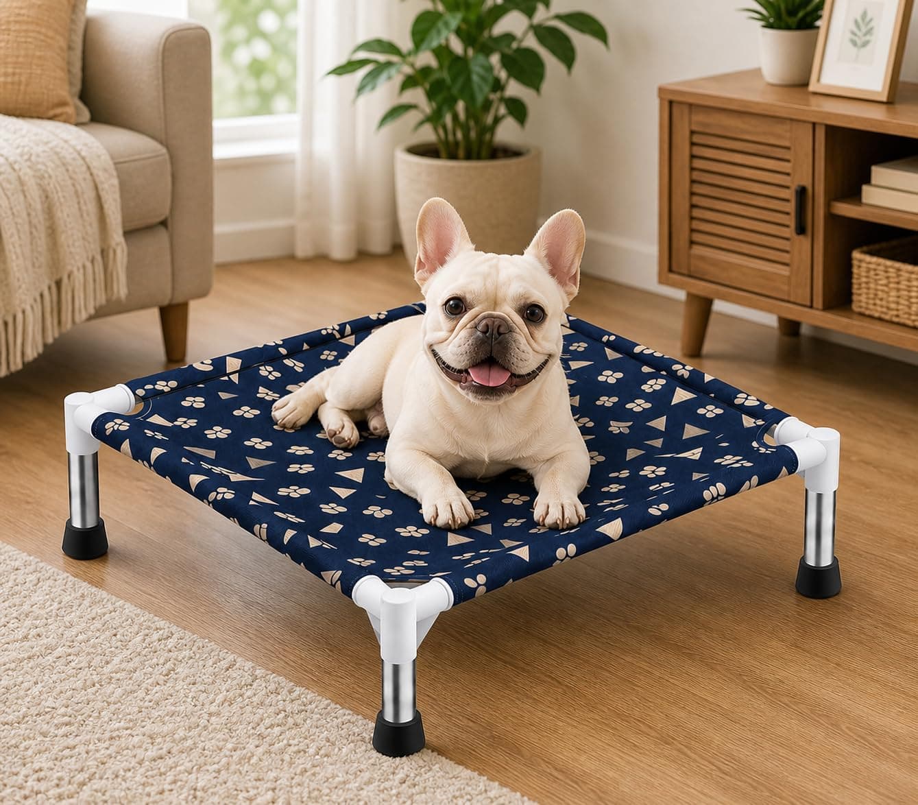 ZEXSAZONE Folding Elevated Dog Bed 50x50x17 cm | Cooling Pet Cot for Small Dogs & Cats | Breathable Canvas Fabric, SS 302 Frame, Anti-Slip Indoor Outdoor (Navy Blue)