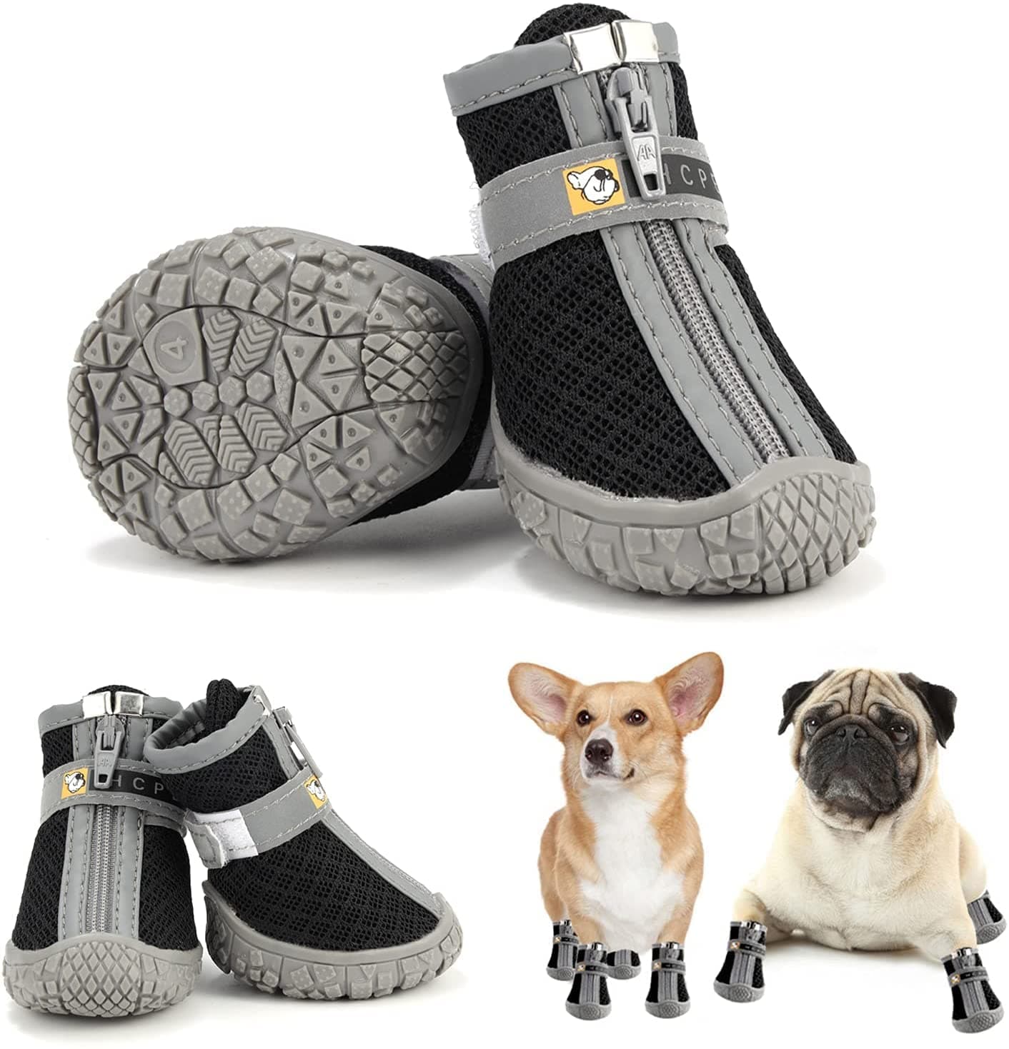 KUTKUT Dog Boots for Hardwood Floors | Pack of 4pcs Breathable Dog Shoes with Anti-Slip Rugged Sole |Dog Hiking Boots with Reflective & Adjustable Strap Zipper Closure for Small/Medium Dogs