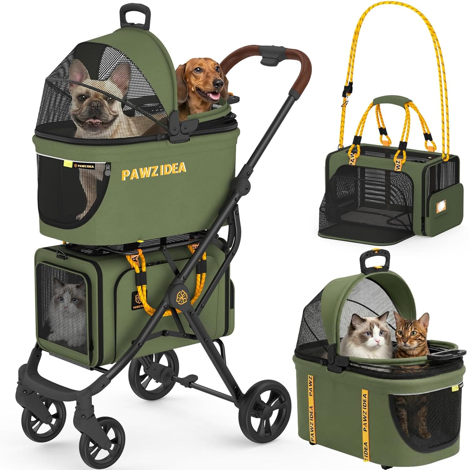 PAWZIDEA Double Pet Stroller with 2 Detachable Carrier, Lightweight Portable Travel Crate & Car Seat Combo & TSA-Approved Expandable Carrier, Foldable Jogger Stroller for 2–4 Cats or Small/Medium Dogs
