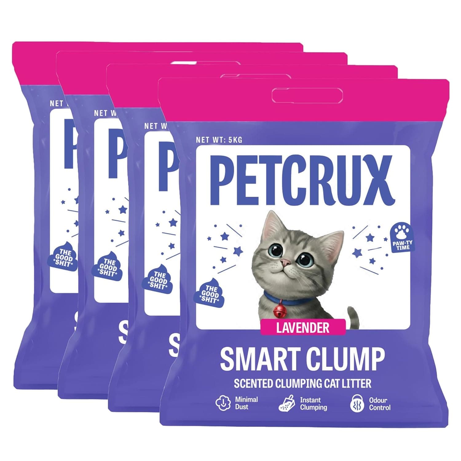 PetCrux Smart Clump Cat Litter 20Kg, 100% Natural Bentonite Odour Lock Lavender Scented Clay, Dust Free, 4 Packs of 5 Kgs (Combo)