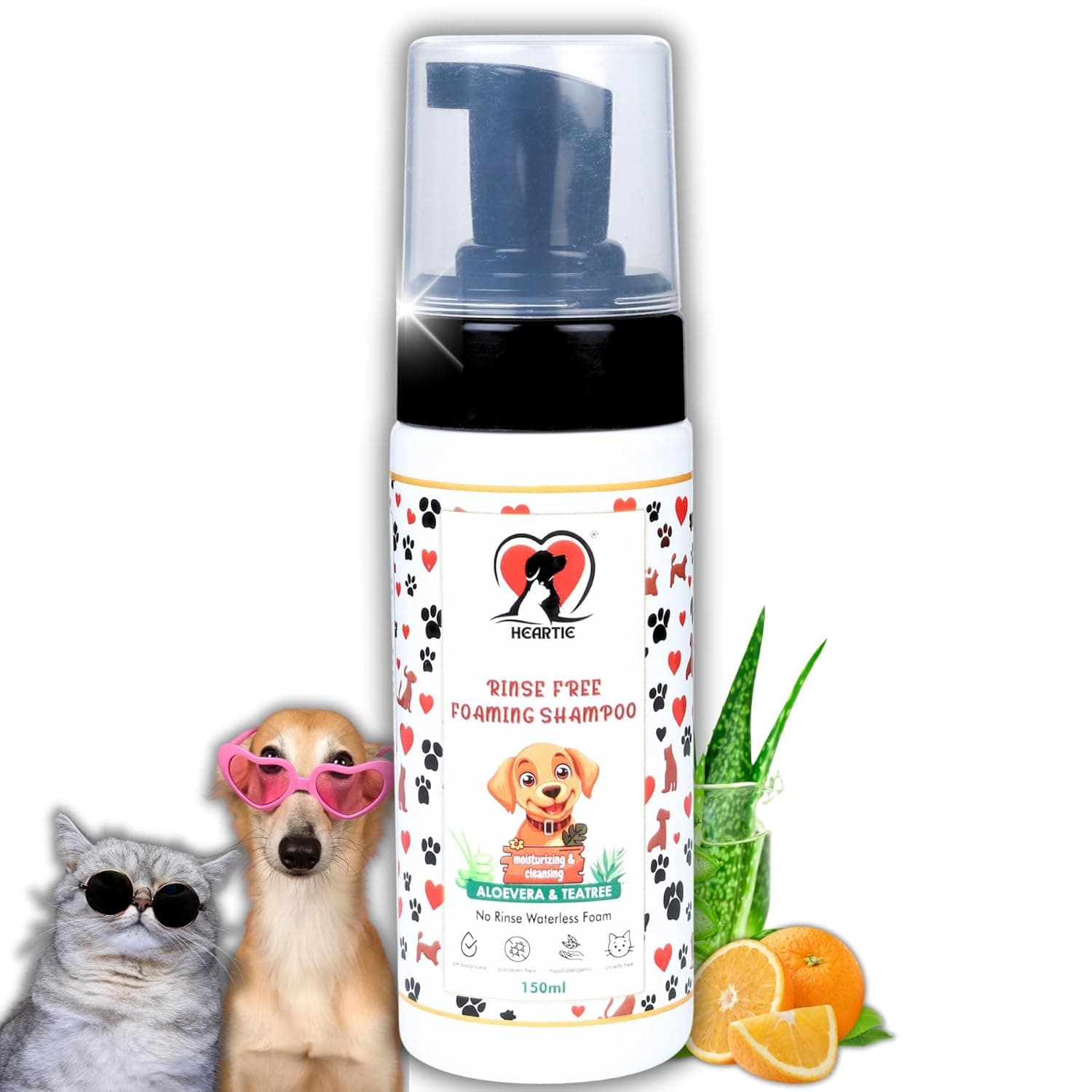 HEARTIE Rinse-Free Foaming Dry Shampoo for Dogs and Cats | 150ml Waterless Pets Bath with Aloe, Orange, Tea Tree & Vitamin C | Dog and Cat Grooming Foam | Dry Shampoo for Cats