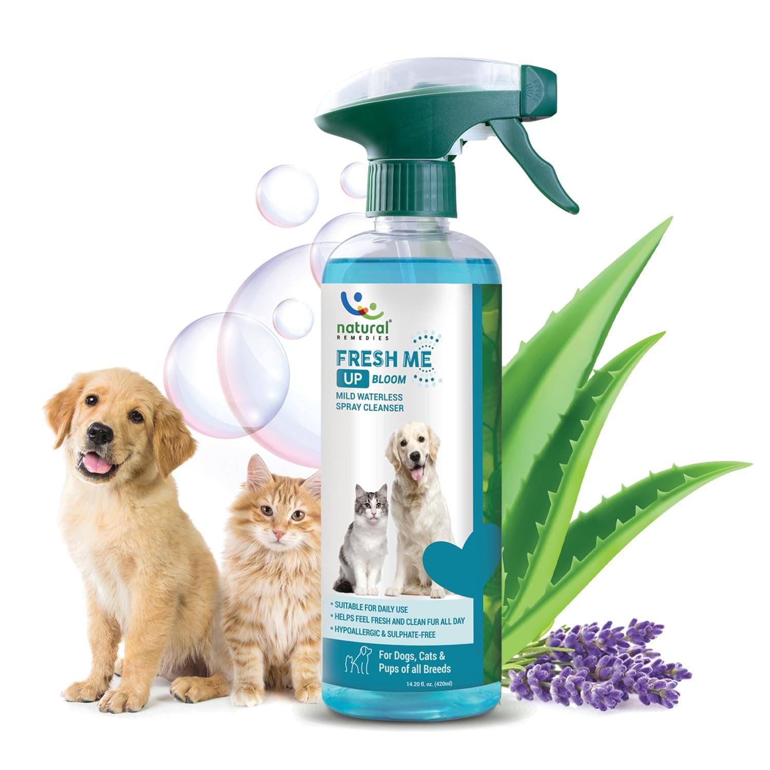 Natural Remedies Fresh Me Up Bloom Mild Waterless Spray Cleanser for Dogs & Cats of All Breeds, Odor Control, Deep Cleans, Hydrates, Pet Grooming Shampoo, Lick Safe, Hypoallergenic, 420ml (Pack of 1)