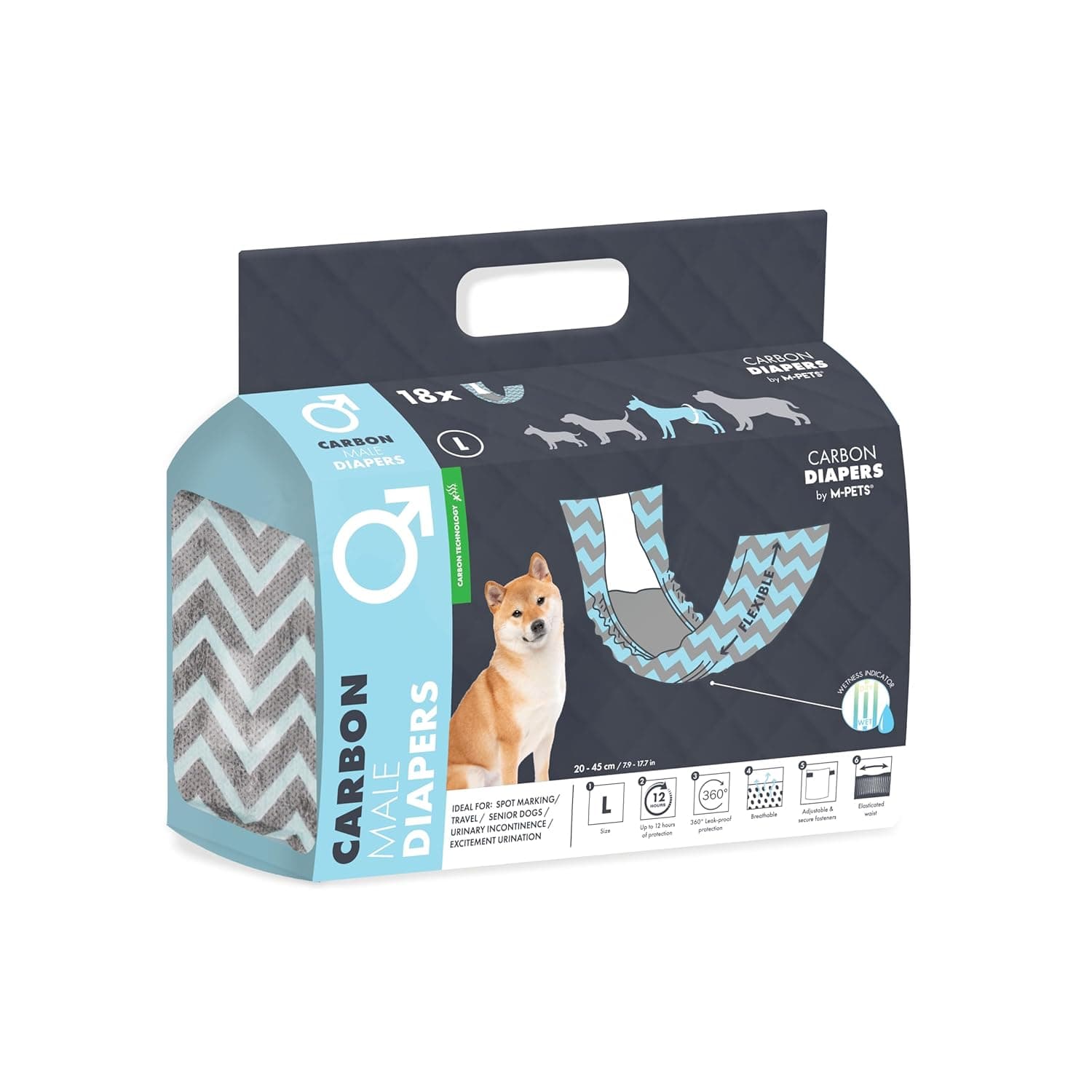 M-PETS Male Disposable Carbon Dog Diapers, Ultra Absorbent with Wetness Indicator, 12 Hour Protection, Adjustable, Travel, Excitable Urination & Incontinence, Waist: 40-52cm, Large (Pack of 18)