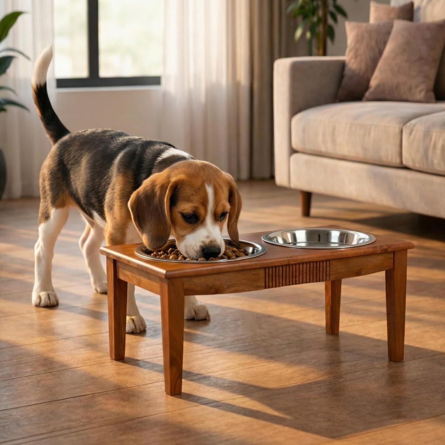 Pure Souls Fluffy Pet Feeder, Natural Acacia Wood Feeders Stand, Elevated Dog Bowls 1250 ml, Food Water Diner, Durable Double Bowl Feeding Stands for Dogs - Medium (48x25x24cm)