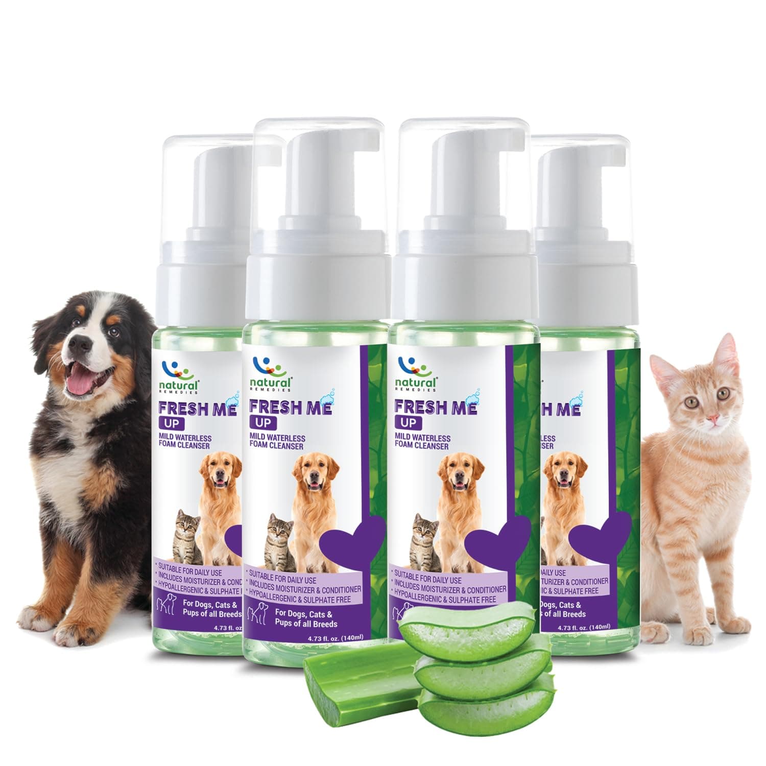 Natural Remedies Fresh Me Up Mild Waterless Foam Cleanser Dry Shampoo for Dogs, Cats of All Breeds, Moisturizer & Conditioner, Pet Grooming, Lick Safe, Hypoallergenic, Sulfate Free, 140 ml (Pack of 4)