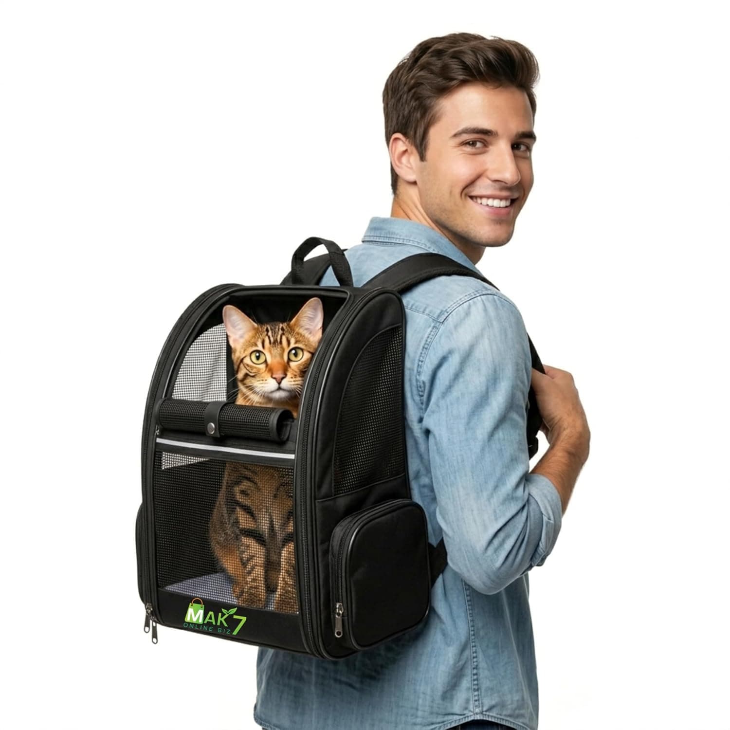 MAK7 Cat Carrier Backpack | Breathable Mesh Design, Lightweight Travel Bag for Small Pets | Wide Strap, Foldable | Cat Bag Dog Carrying Bag | ThickHard Base |Pure Black|