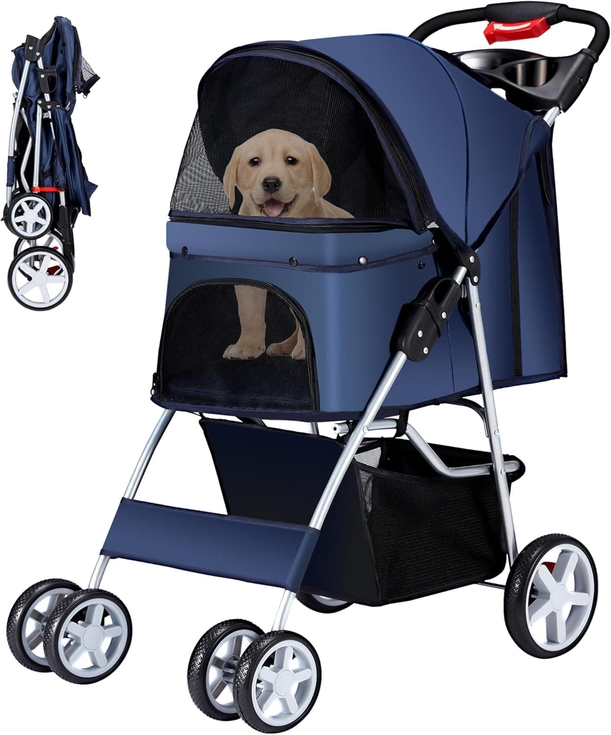 Emily Pets Pet Stroller for Dogs, Cats & Small Animals 4-Wheel Foldable Carrier with Sunshade, Mesh Windows, Cup Holder Portable Travel Stroller for Jogging, Walking – Up to 30 lbs Blue