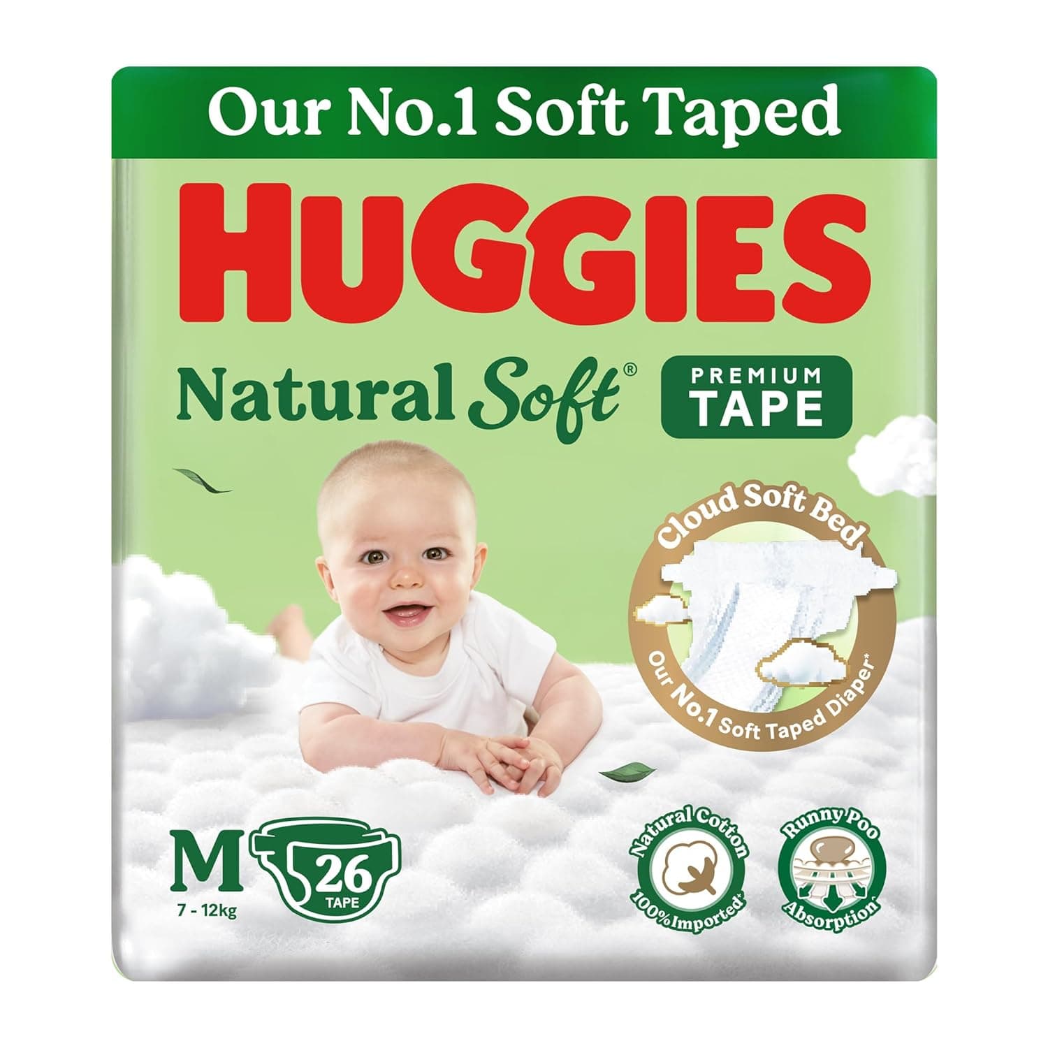 Huggies Natural Soft Premium Tape Diapers Medium (M) Size, 7-12 kgs,26 Count | Our No.1 Soft Taped Diaper with Cloud Soft Bed and Runny Poo Absorption