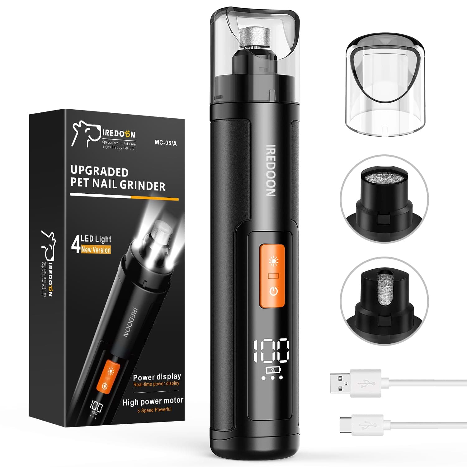 IREDOON Pet Dog Nail Grinder, Professional 3-Speed Mode Electric Rechargeable Pet Nail Trimmer Clipper with 4 LED Lights (Black)