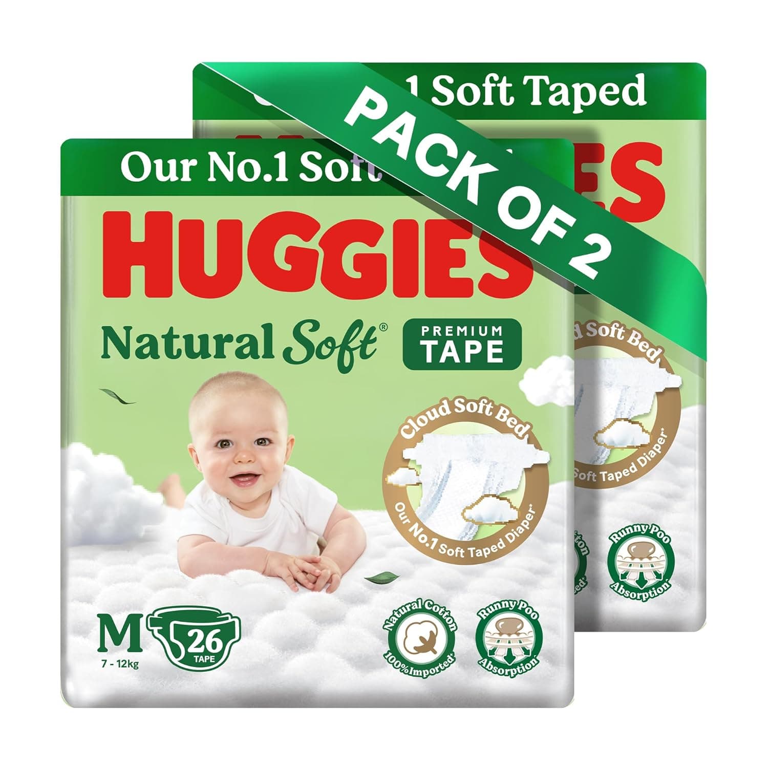 Huggies Natural Soft Premium Tape Diapers Medium (M) Size, 7-12 kgs,52 Count | Our No.1 Soft Taped Diaper with Cloud Soft Bed and Runny Poo Absorption