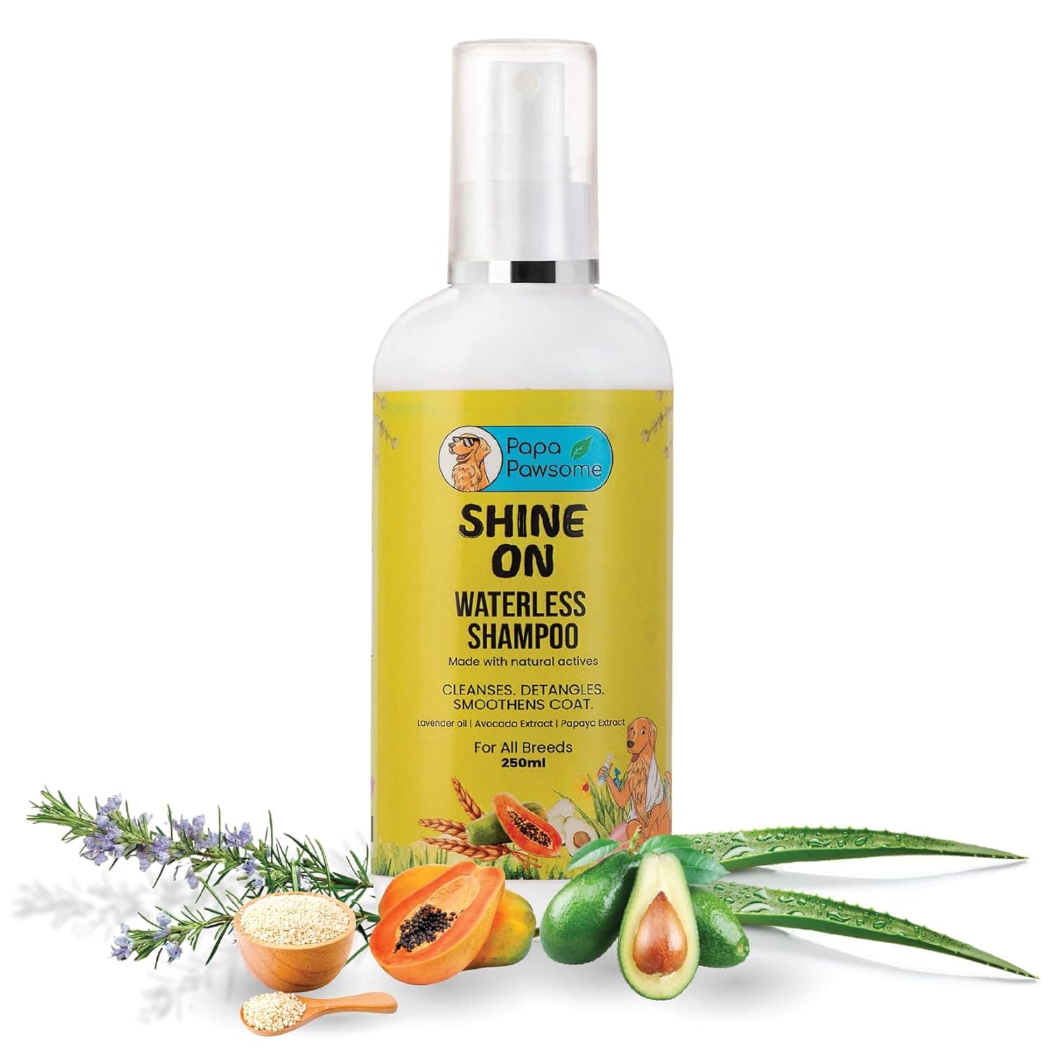 Papa Pawsome 200 ml Shine On Waterless Dry Shampoo For Dogs/Puppies Shine Clean Coat, Easy To Use,Quick Enriched With Papaya Extracts | Avacado Extracts | Avocado Extracts | Oat Protein Extracts