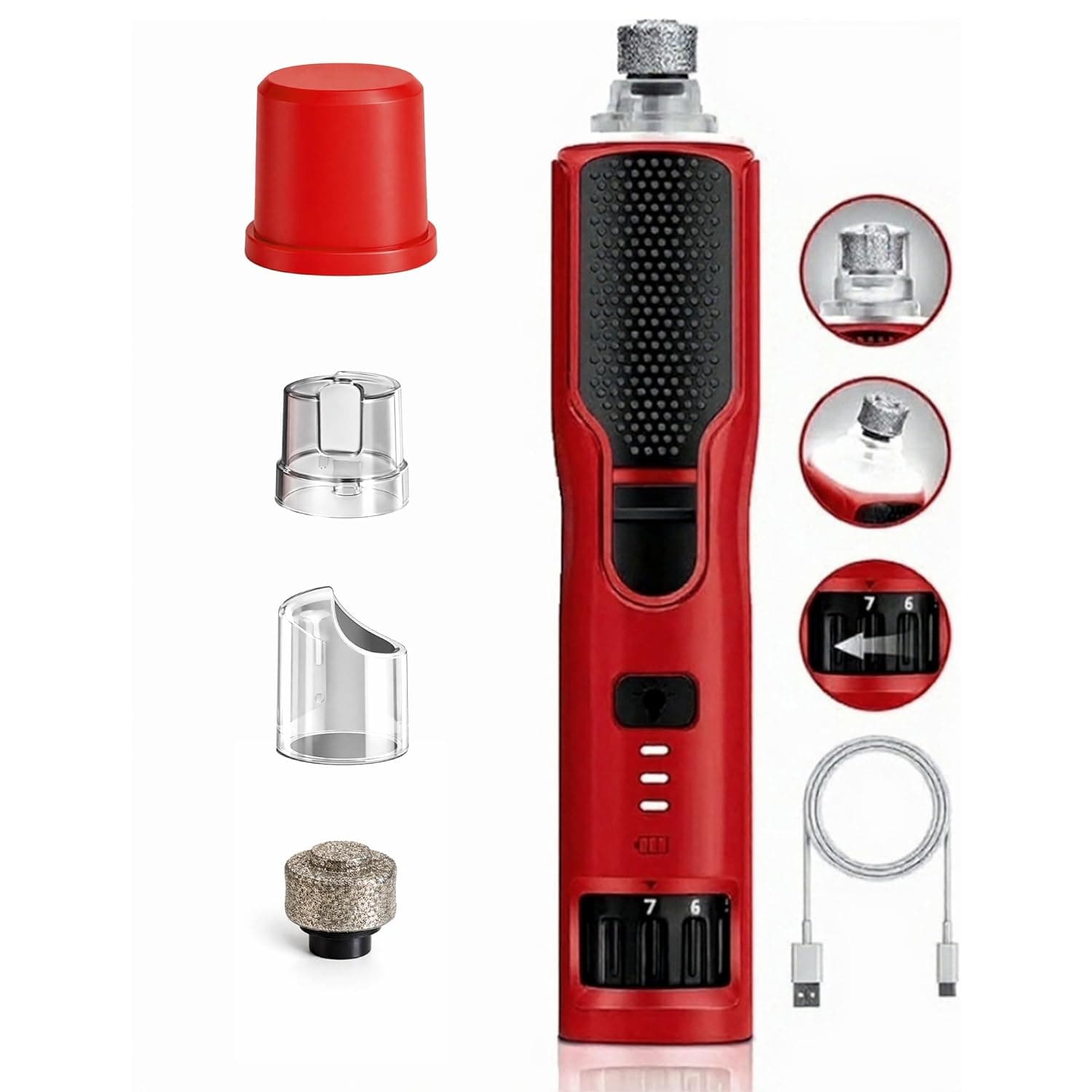 Pets&Kins Dog Nail Grinder for Dogs & Cats | 7 Speed Electric Pet Nail Trimmer (5000–11000 RPM) with 360° LED Light| Low Noise Nail File with Extra Grinder Head | for Small Medium Large Pets | Red
