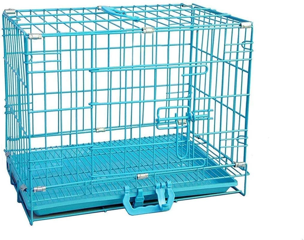 Woofy Dog Cage - Powder Coated, Double Door Folding Metal Cage/Crate/Kennel with Removable Tray and Paw Protector for Dogs, Cats and Rabbits (Blue, 18 Inch)